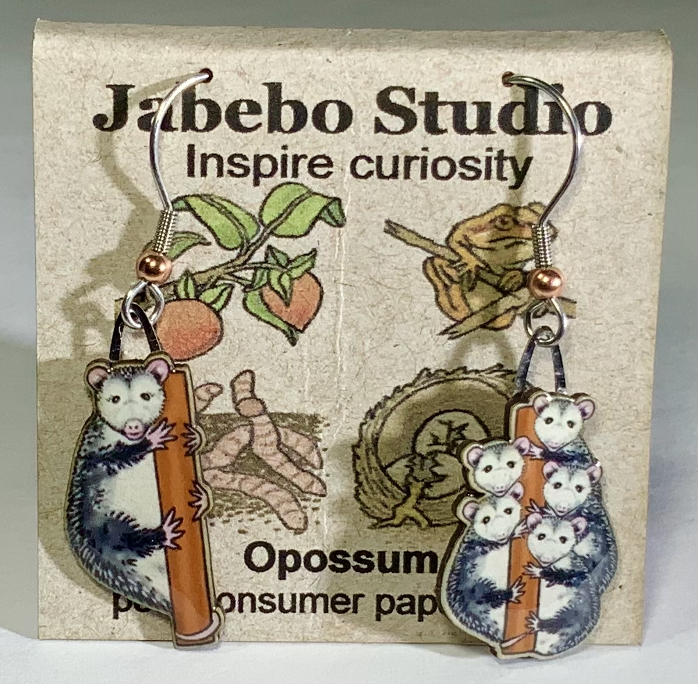 Picture shown is of 1 inch tall pair of earrings of the animal the Opossum.