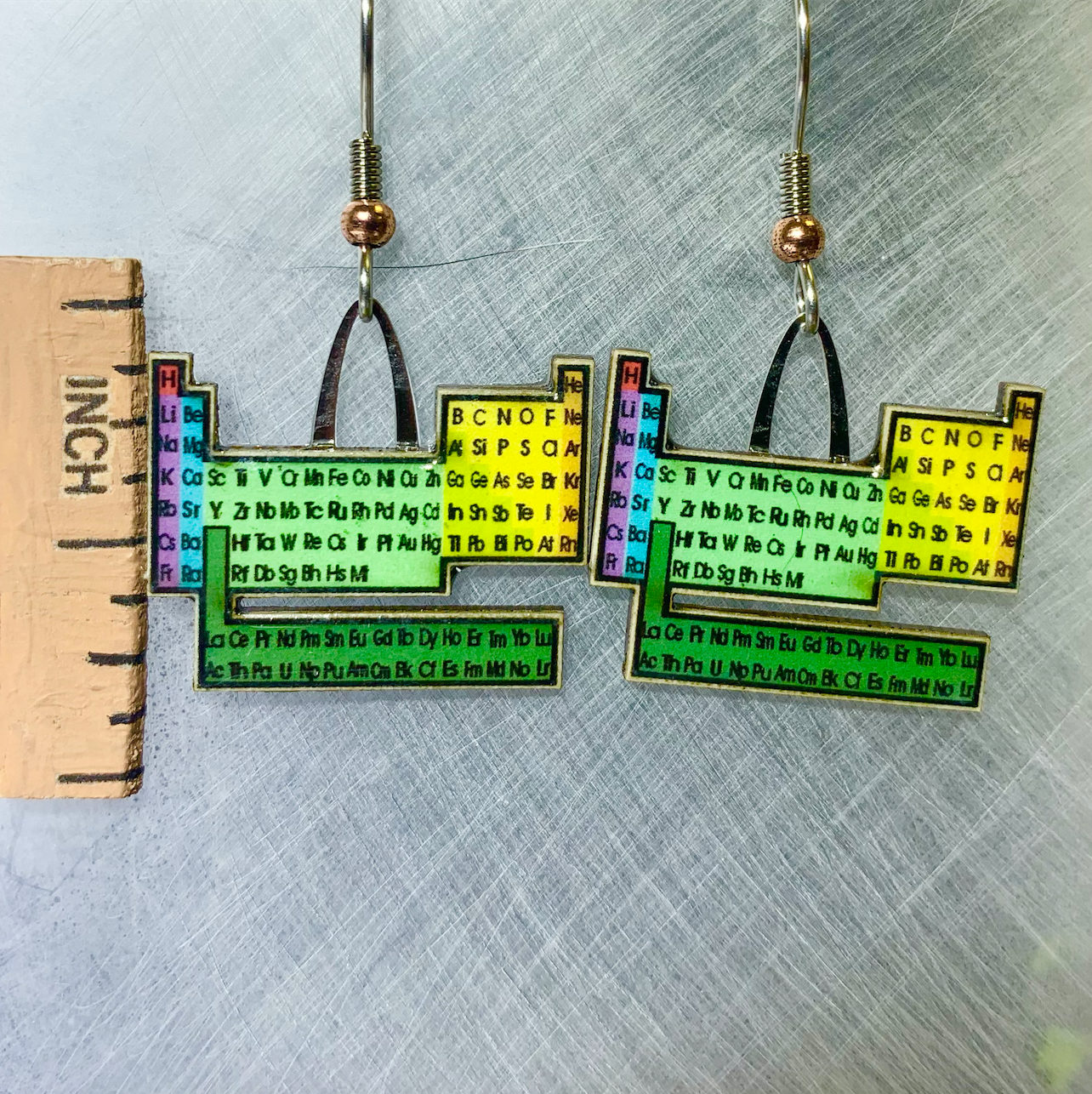 Picture shown is of 1 inch tall pair of earrings of the Periodic Table.
