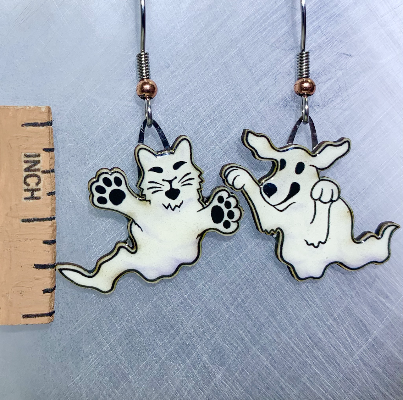 Picture shown is of 1 inch tall pair of earrings of Ghosty Cat & Dog.