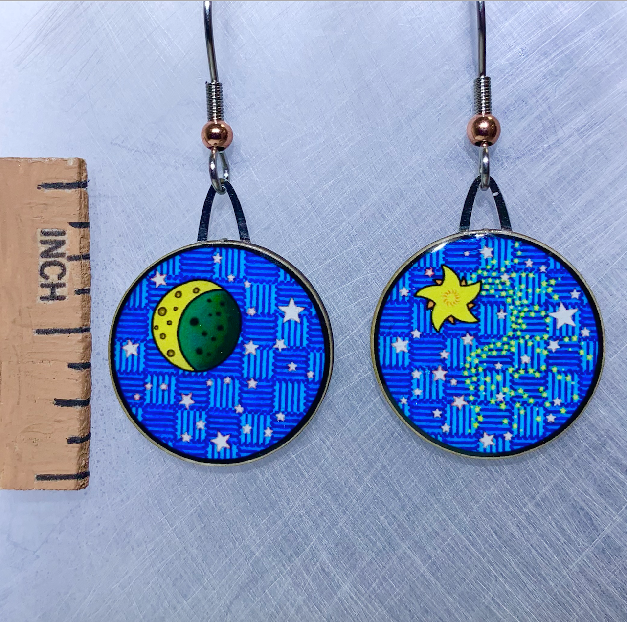 Picture shown is of 1 inch tall pair of earrings of Night Sky.