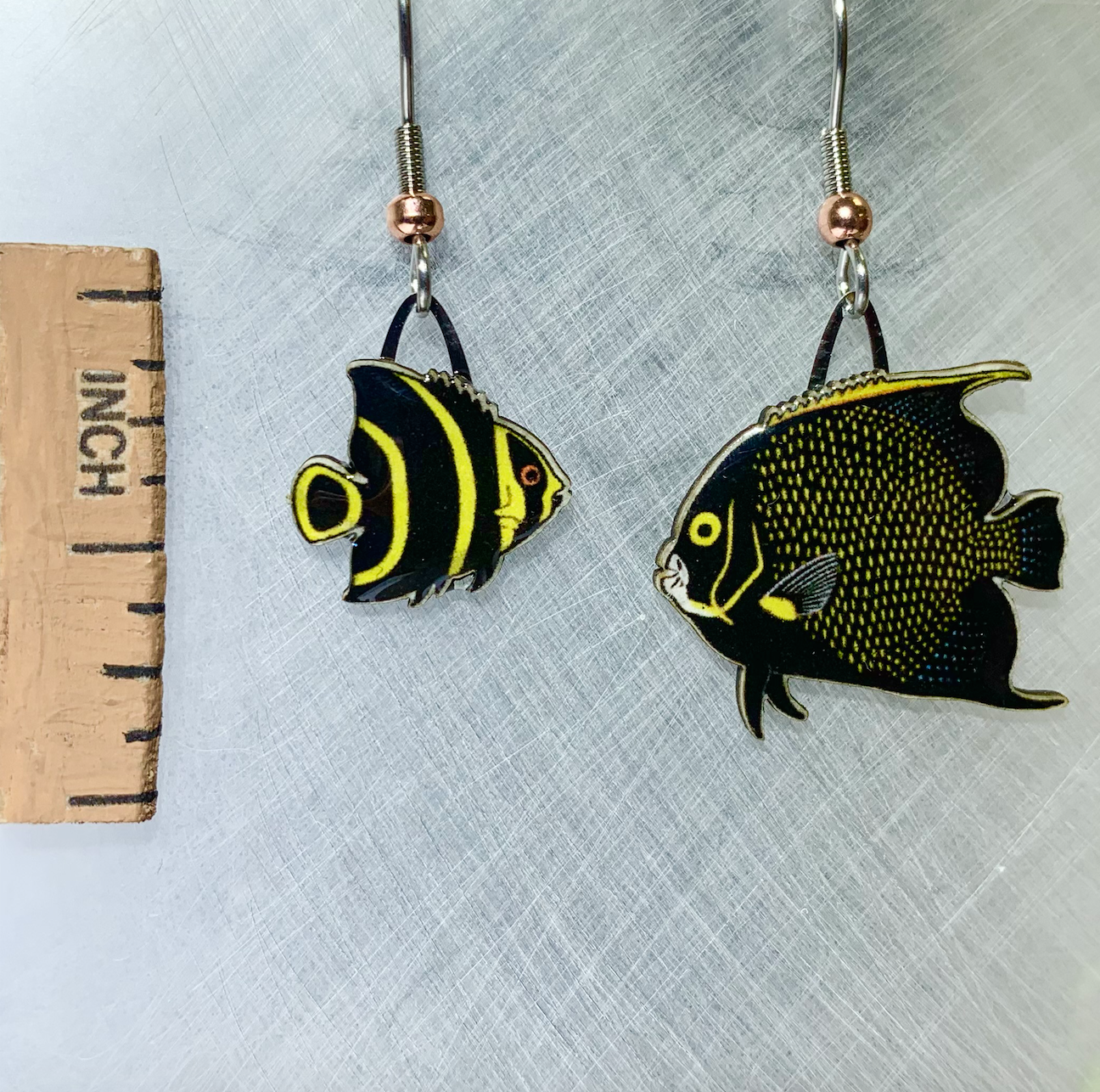 Picture shown is of 1 inch tall pair of earrings of the fish the French Angelfish.