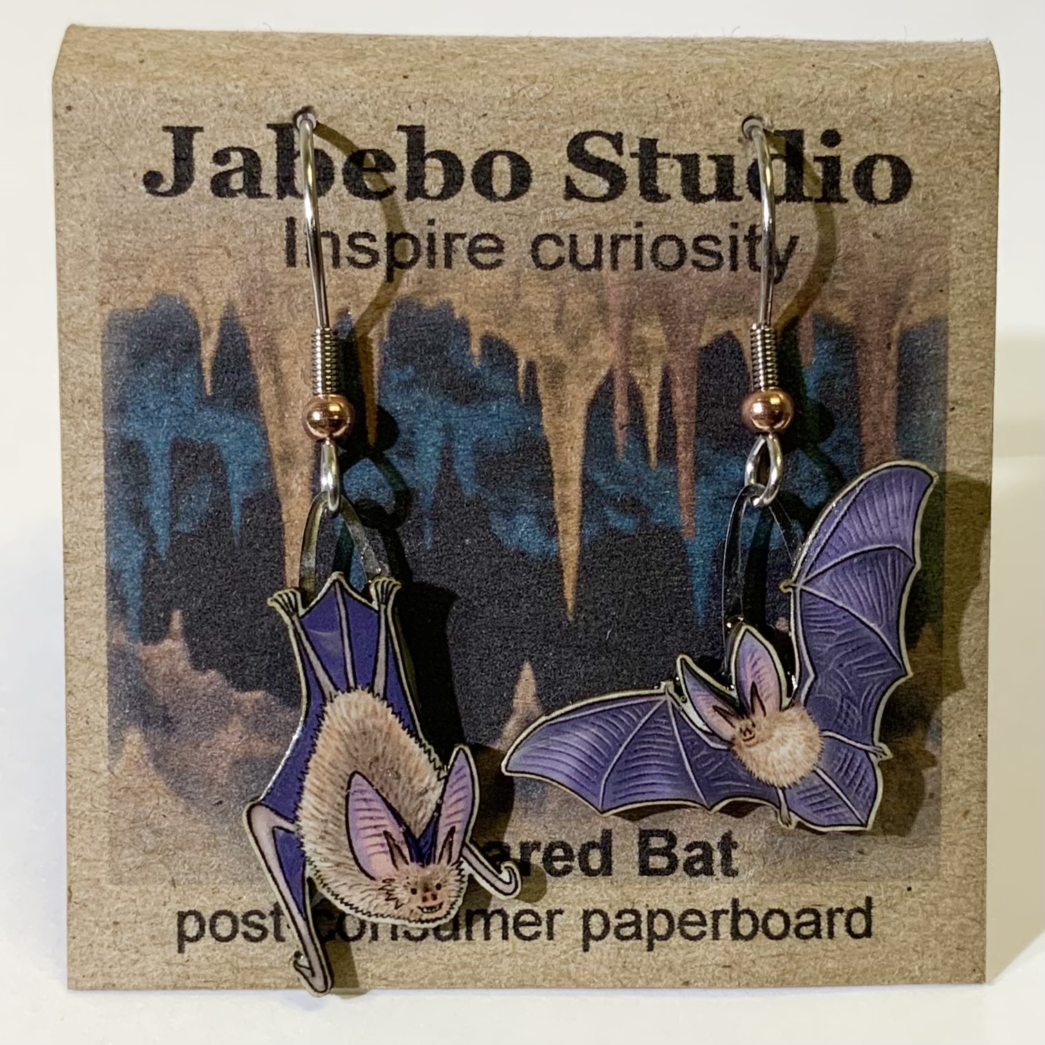 Picture shown is of 1 inch tall pair of earrings of the animal the Big-eared Bat.