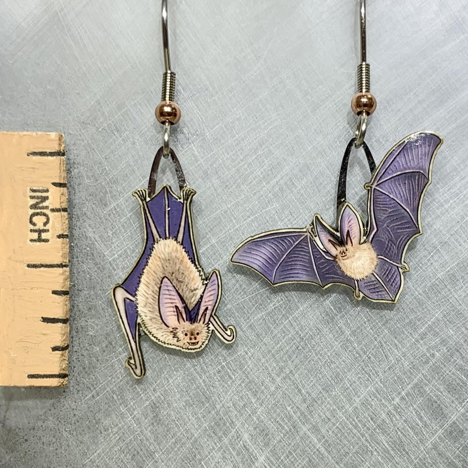 Picture shown is of 1 inch tall pair of earrings of the animal the Big-eared Bat.