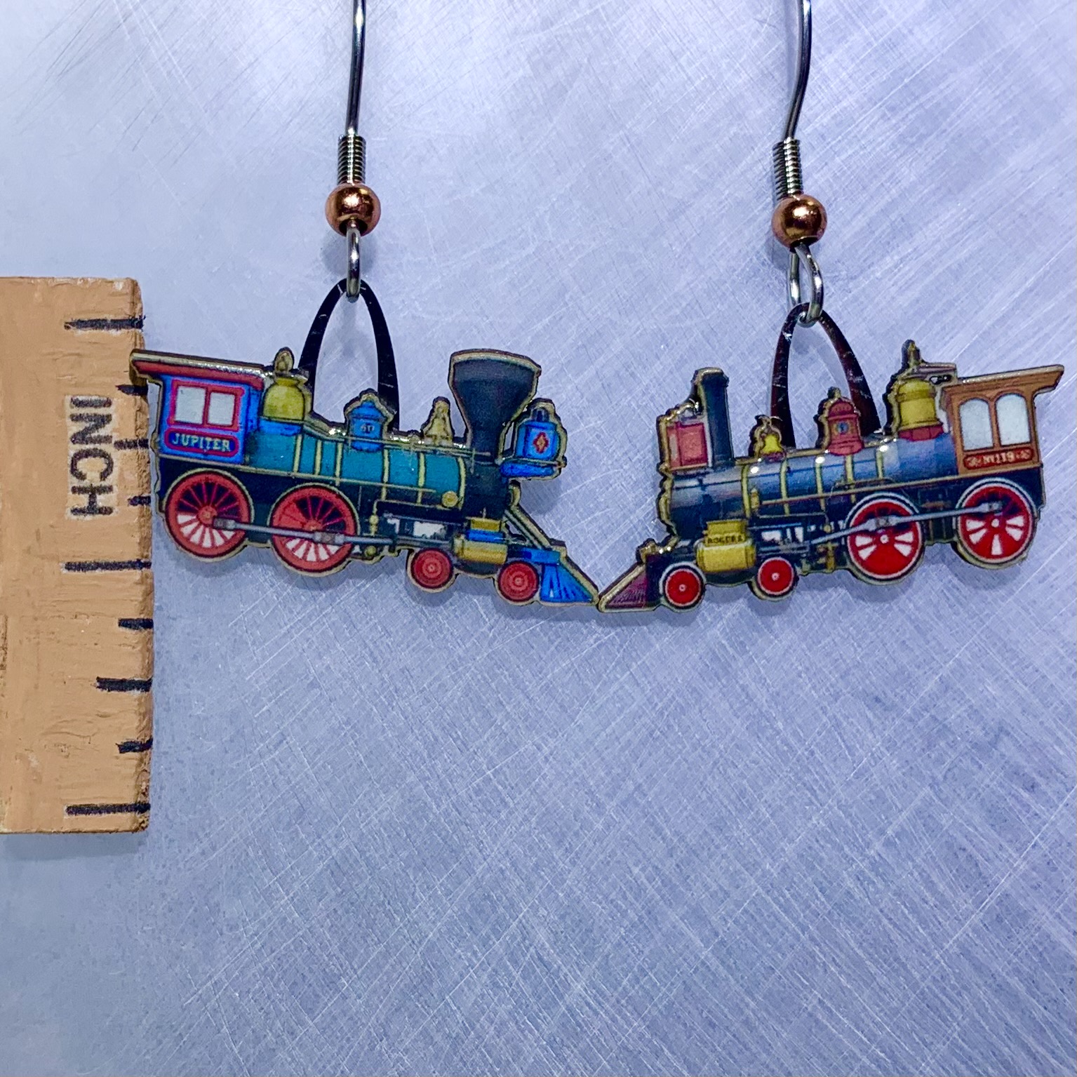 Picture shown is of 1 inch tall pair of earrings of the Trains Jupiter & No. 119.