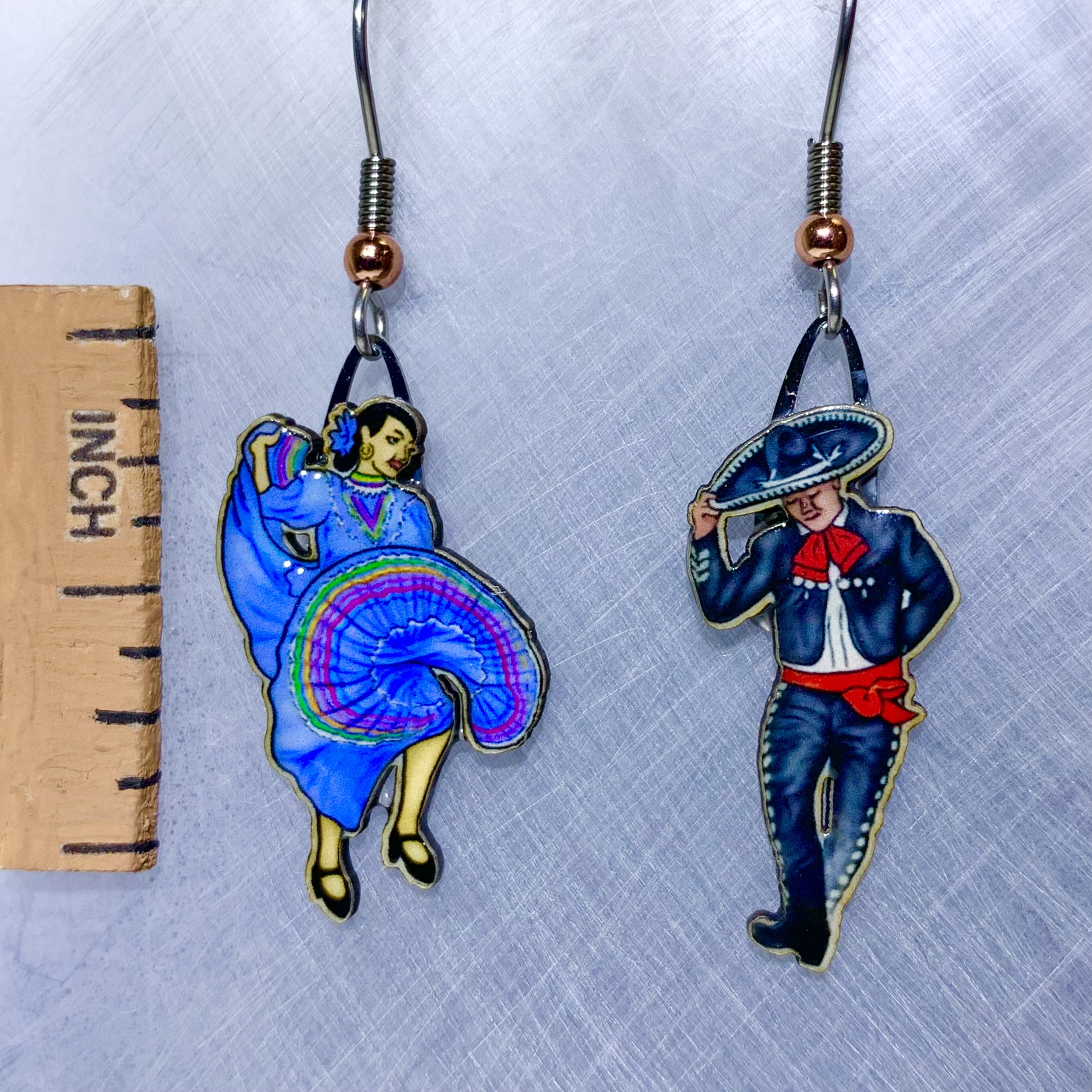 Picture shown is of 1 inch tall pair of earrings of Blue Folklorico.