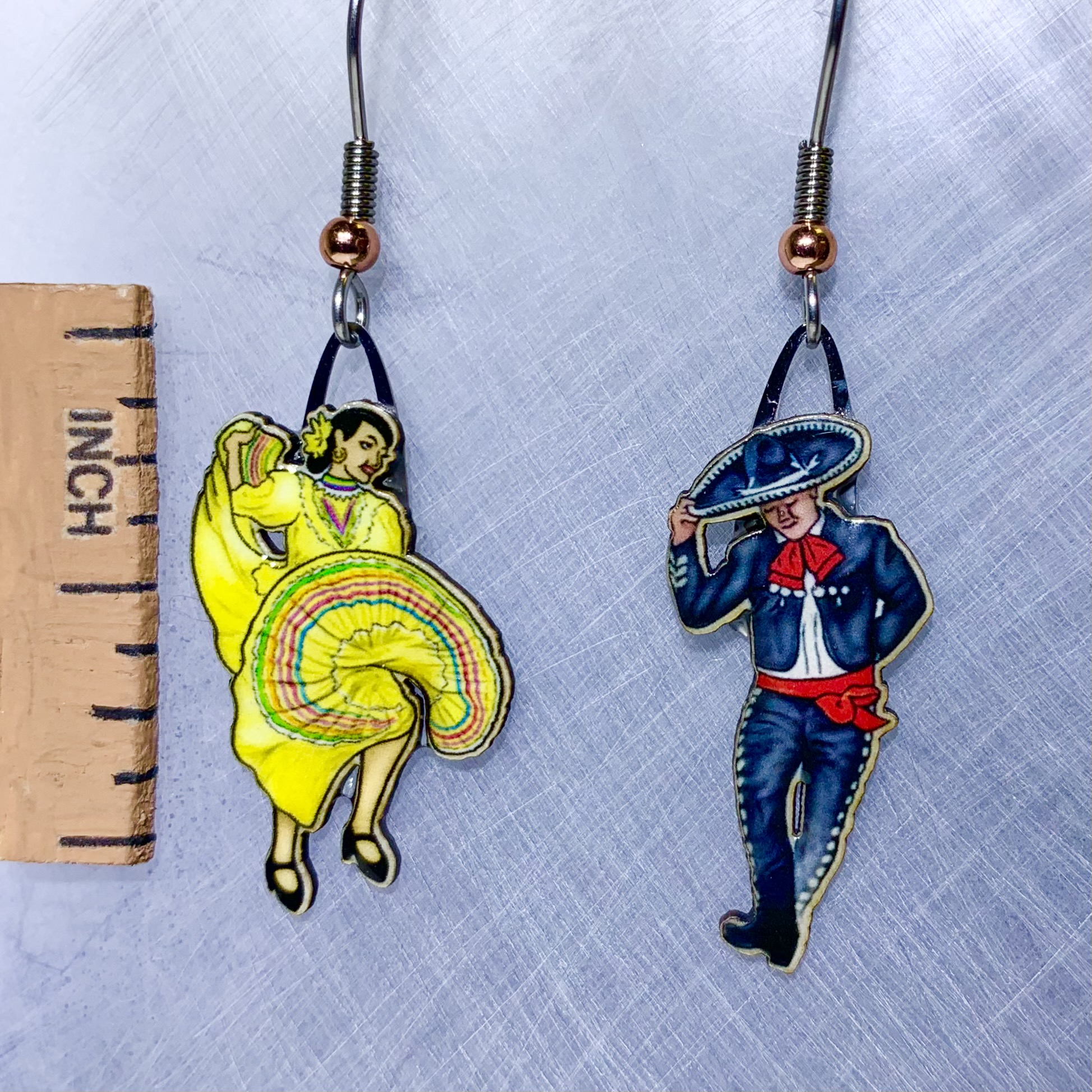 Picture shown is of 1 inch tall pair of earrings of Yellow Folklorico.