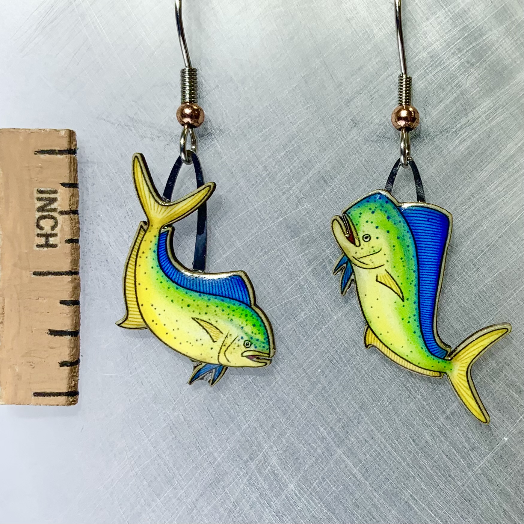 Picture shown is of 1 inch tall pair of earrings of the fish the Dolphinfish (Mahi-Mahi).