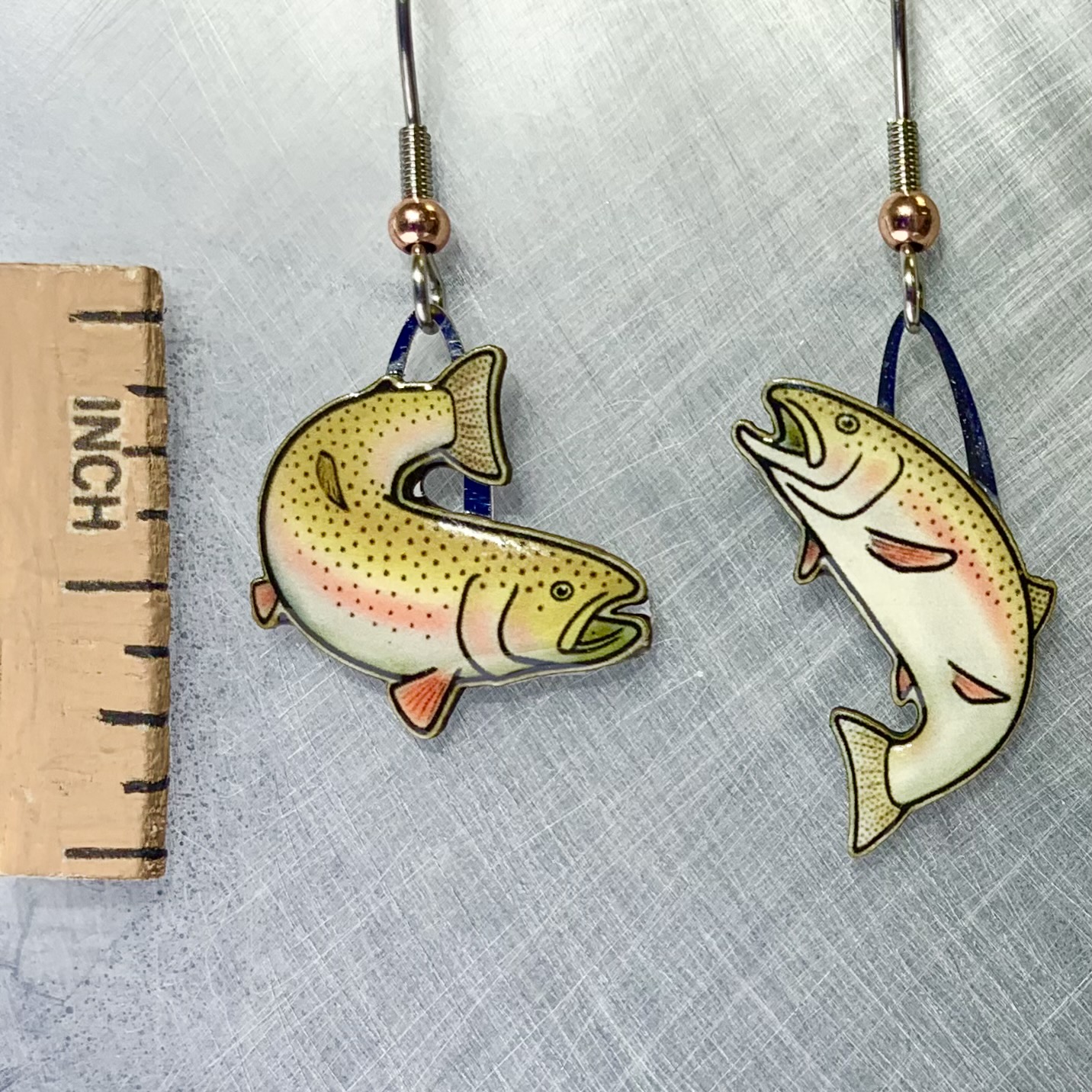 Picture shown is of 1 inch tall pair of earrings of the fish the Rainbow Trout.