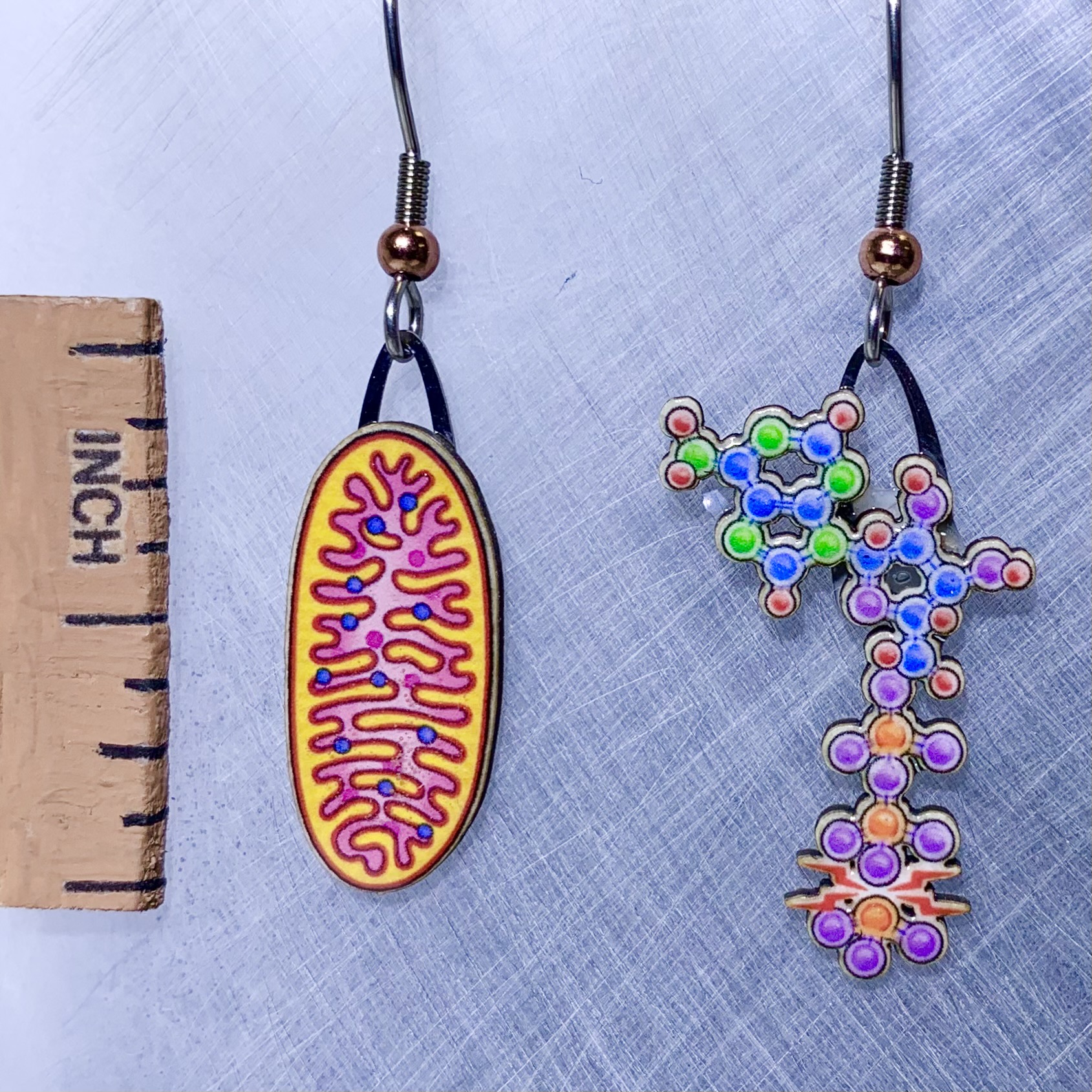 Picture shown is of 1 inch tall pair of earrings of Metabolism.
