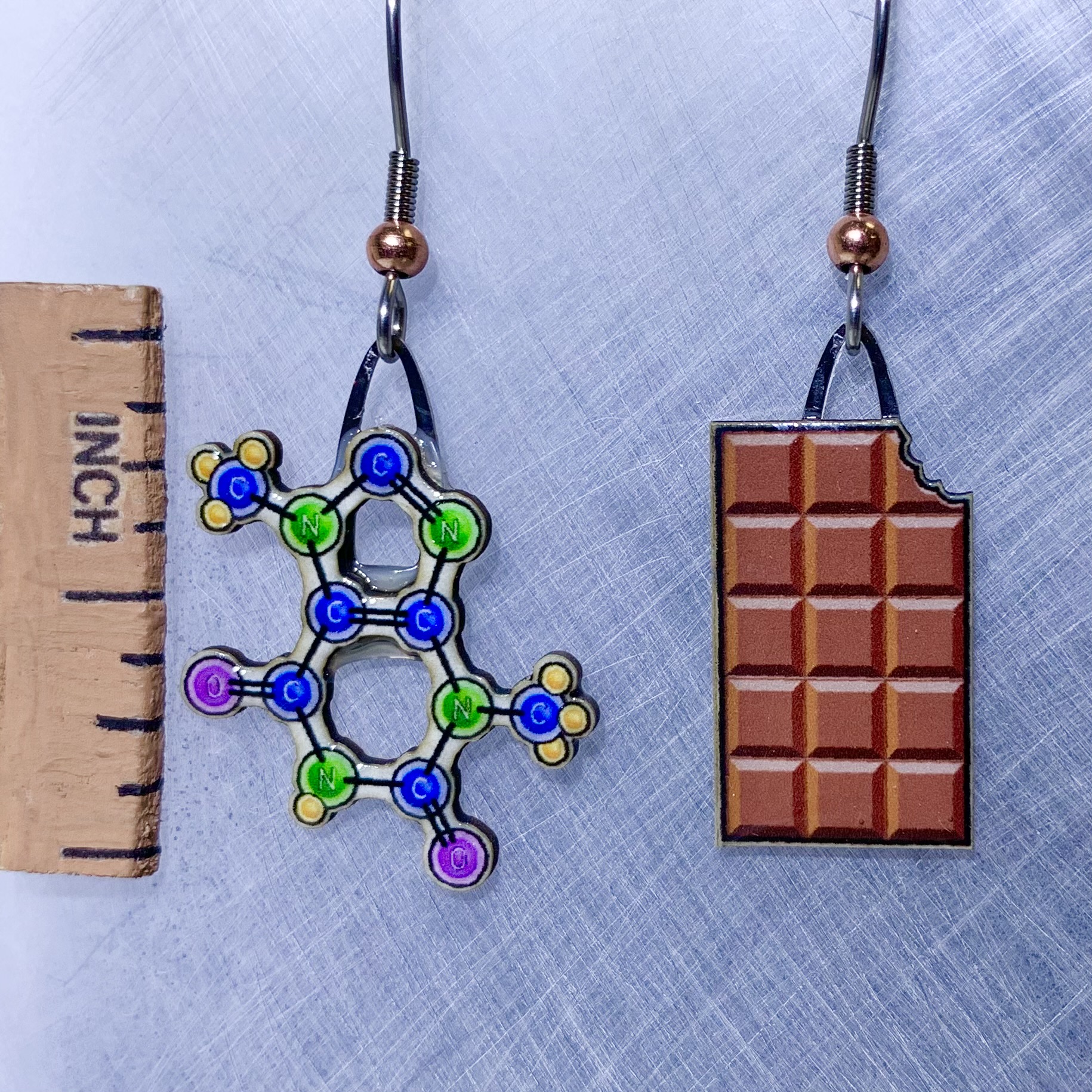 Picture shown is of 1 inch tall pair of earrings of Chocolate Molecule & Chocolate Bar.