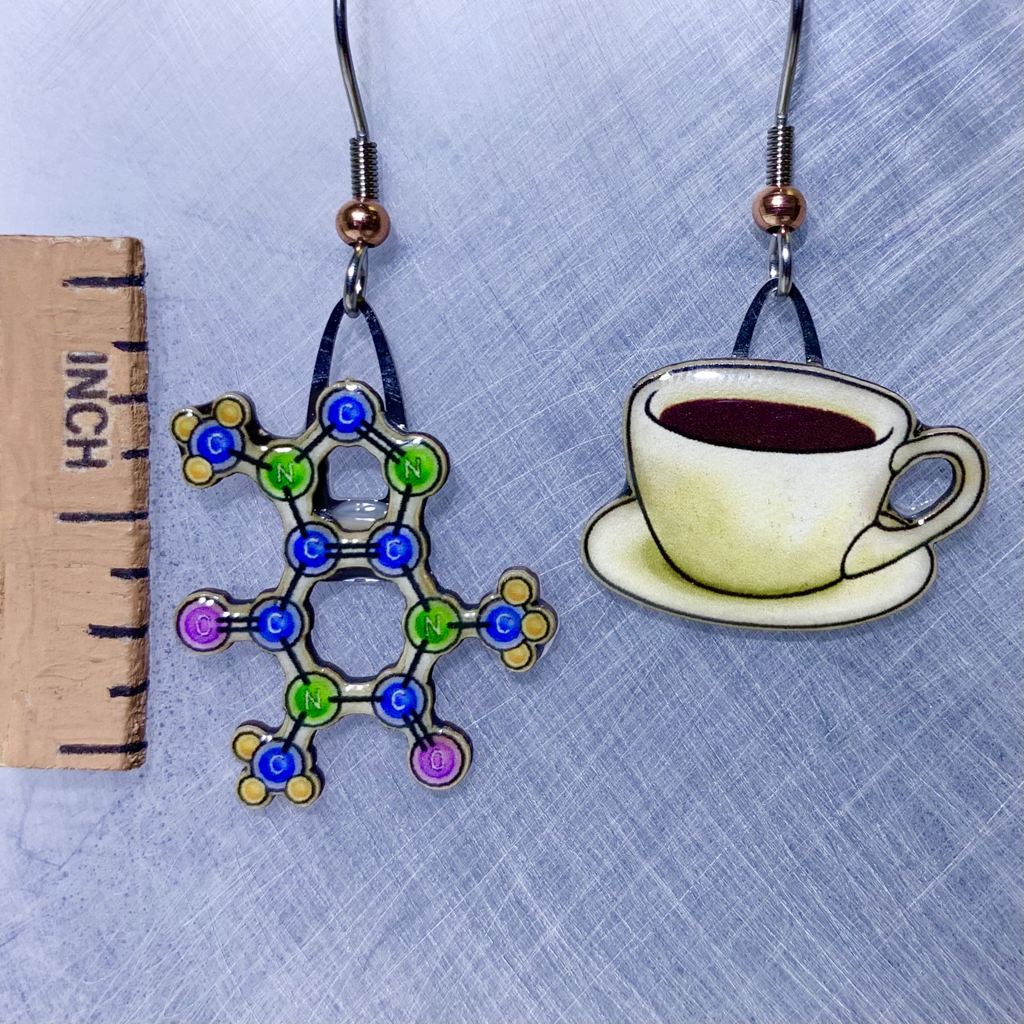 Picture shown is of 1 inch tall pair of earrings of Caffeine Molecule & Coffee.