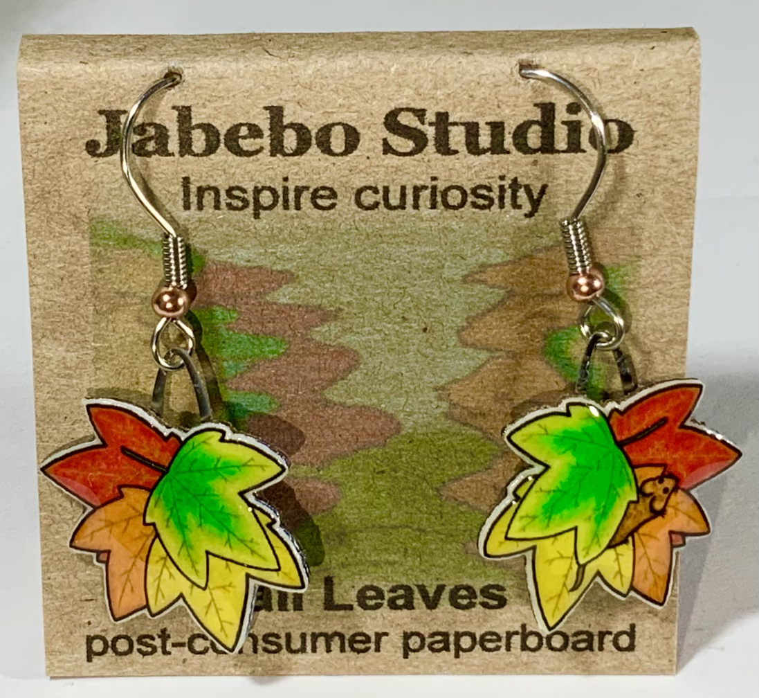 Picture shown is of 1 inch tall pair of earrings of Fall Leaves. Has tiny wild mouse in one leaf pile.
