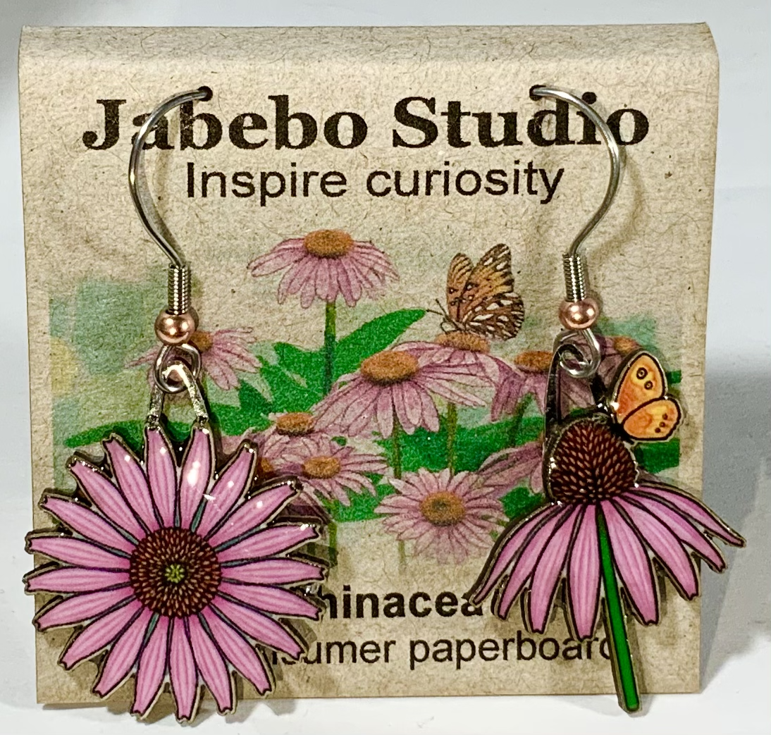 Picture shown is of 1 inch tall pair of earrings of the Echinacea. One side has tiny butterfly on top of flower.