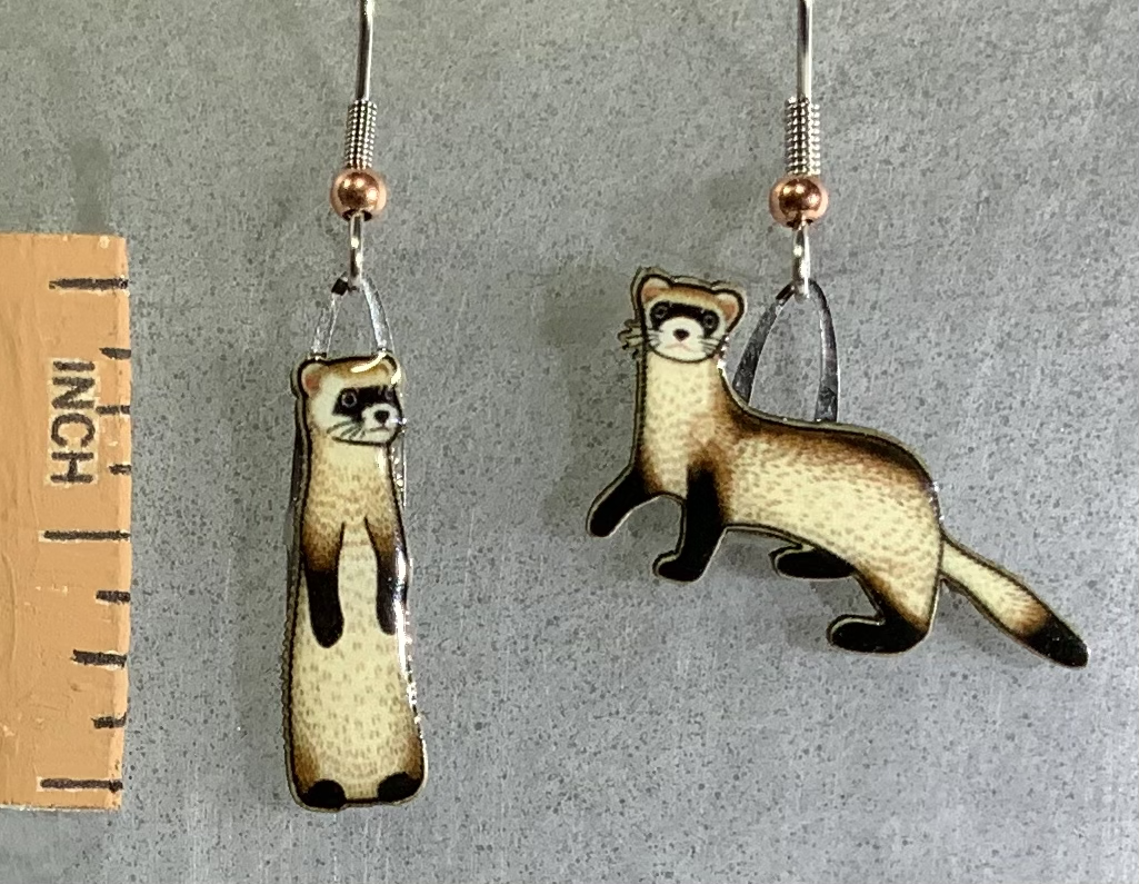 Picture shown is of 1 inch tall pair of earrings of the animal the Black-footed Ferret.