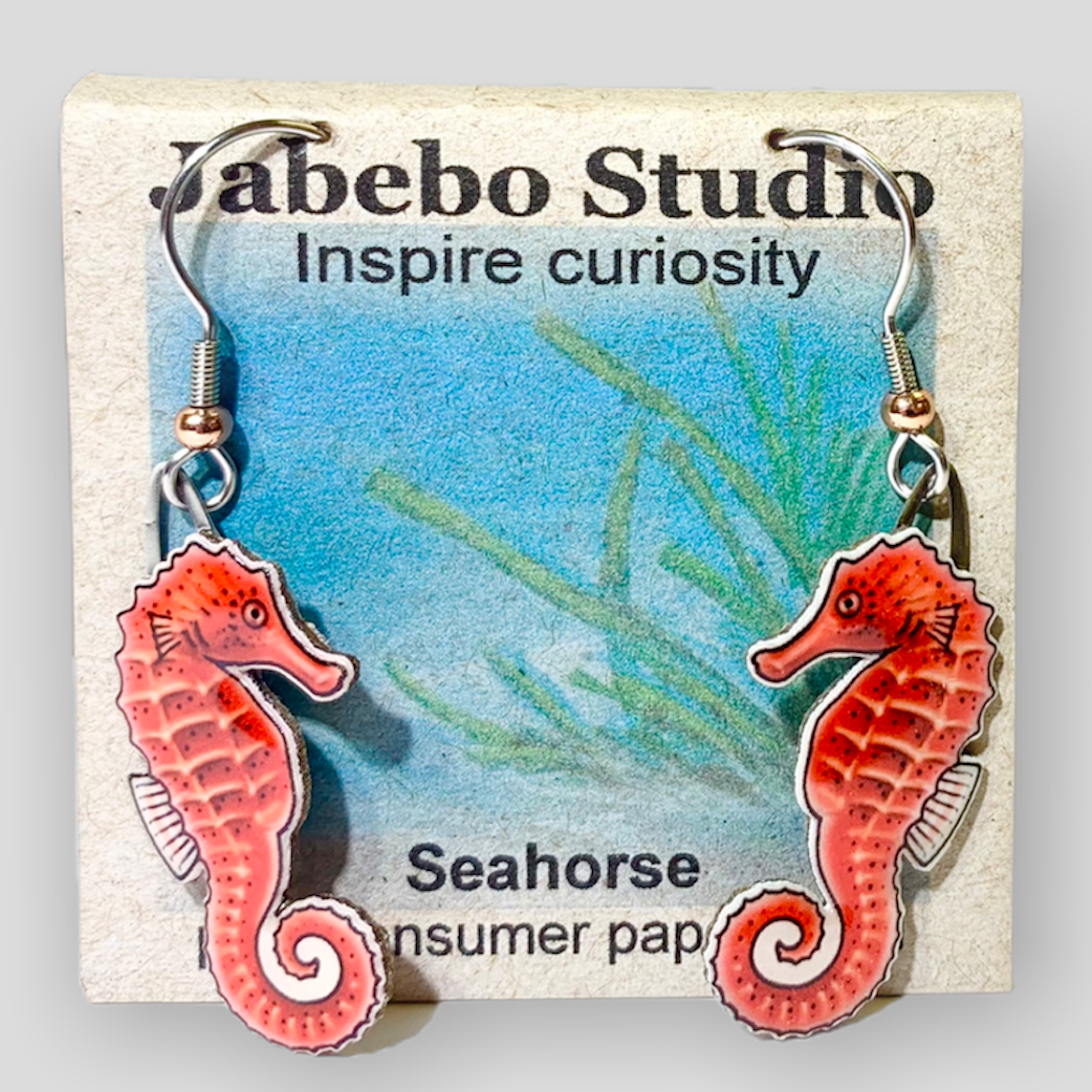 Picture shown is of 1 inch tall pair of earrings of the marine animal the Red Seahorse.