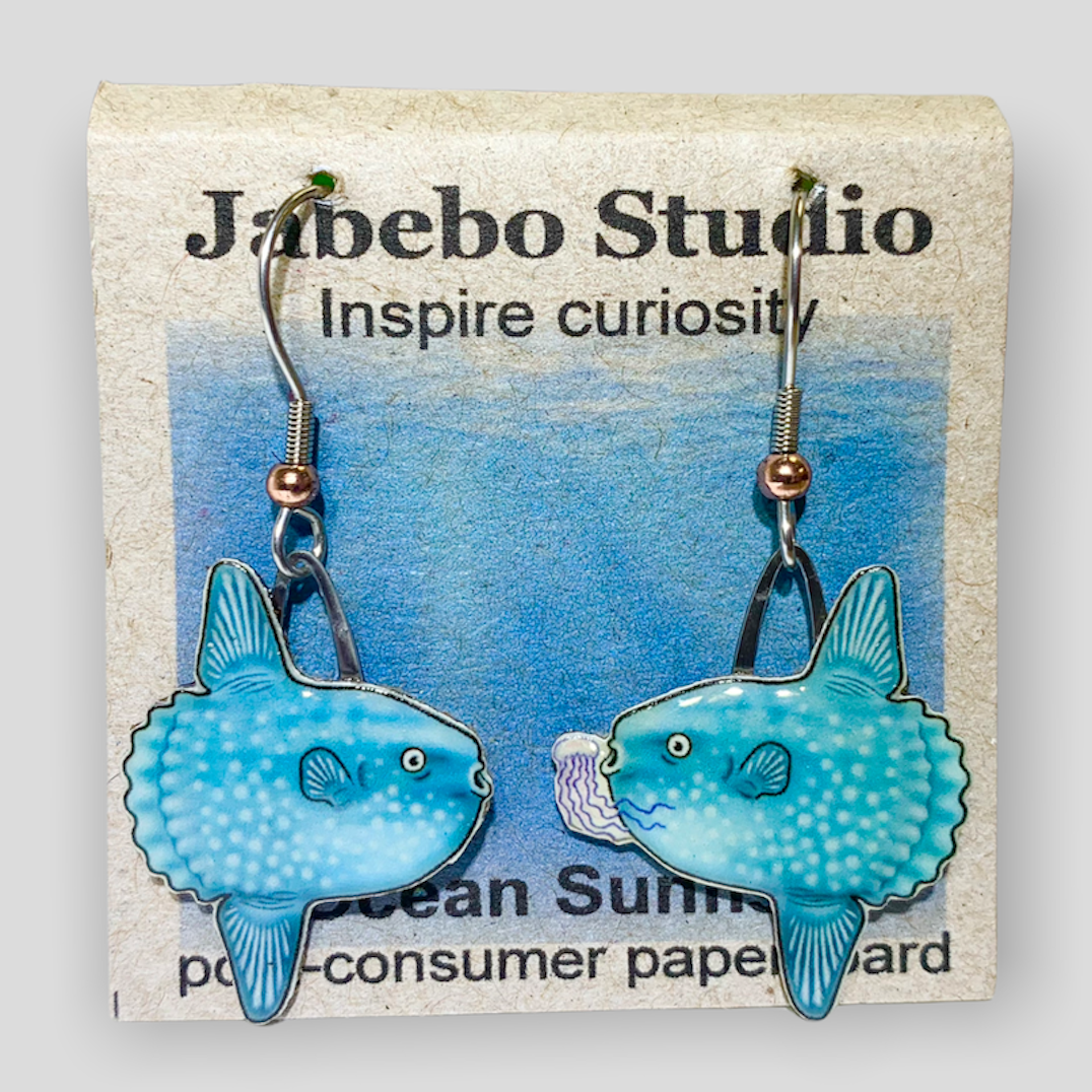 Picture shown is of 1 inch tall pair of earrings of the fish the Ocean Sunfish Blue.