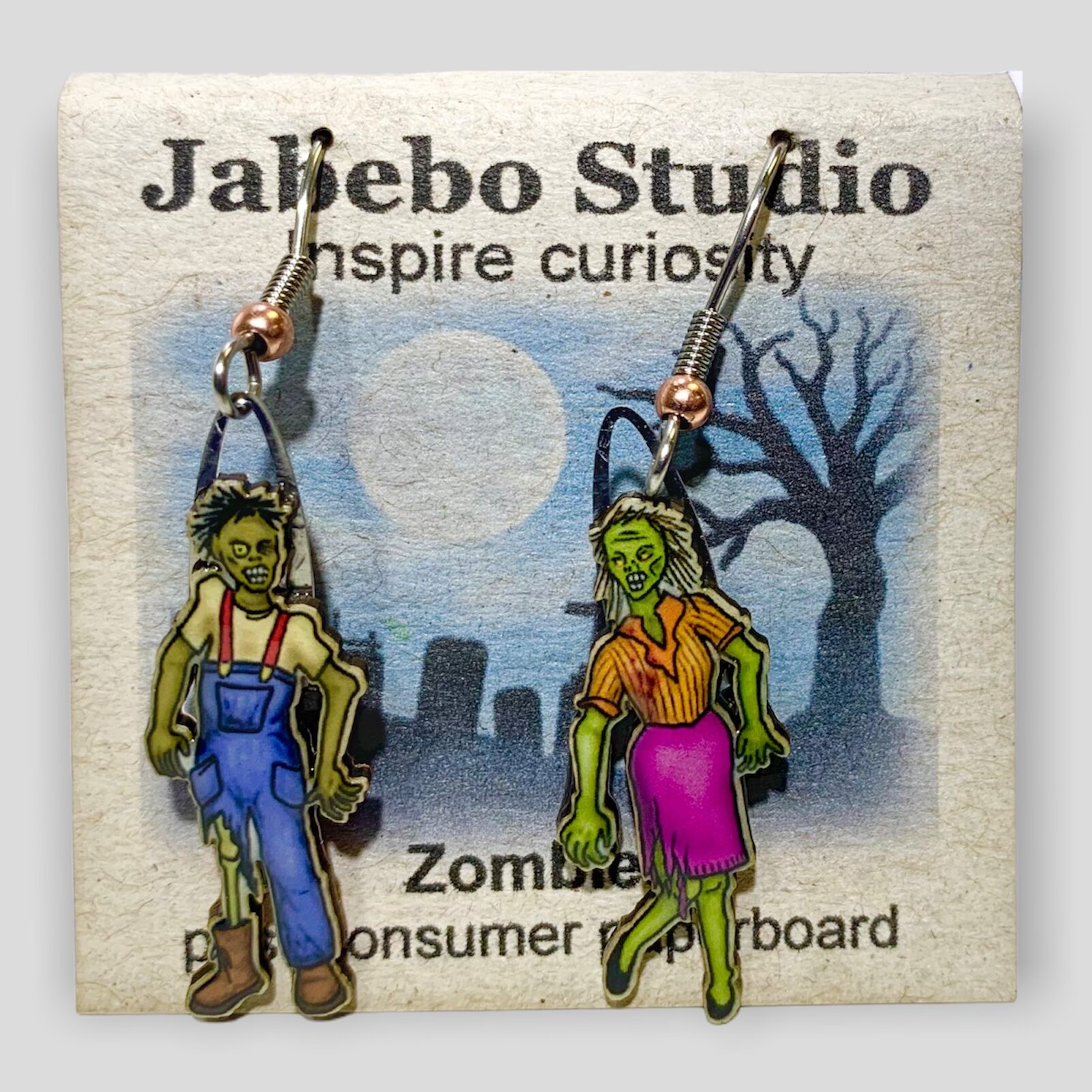 Picture shown is of 1 inch tall pair of earrings of Zombies.