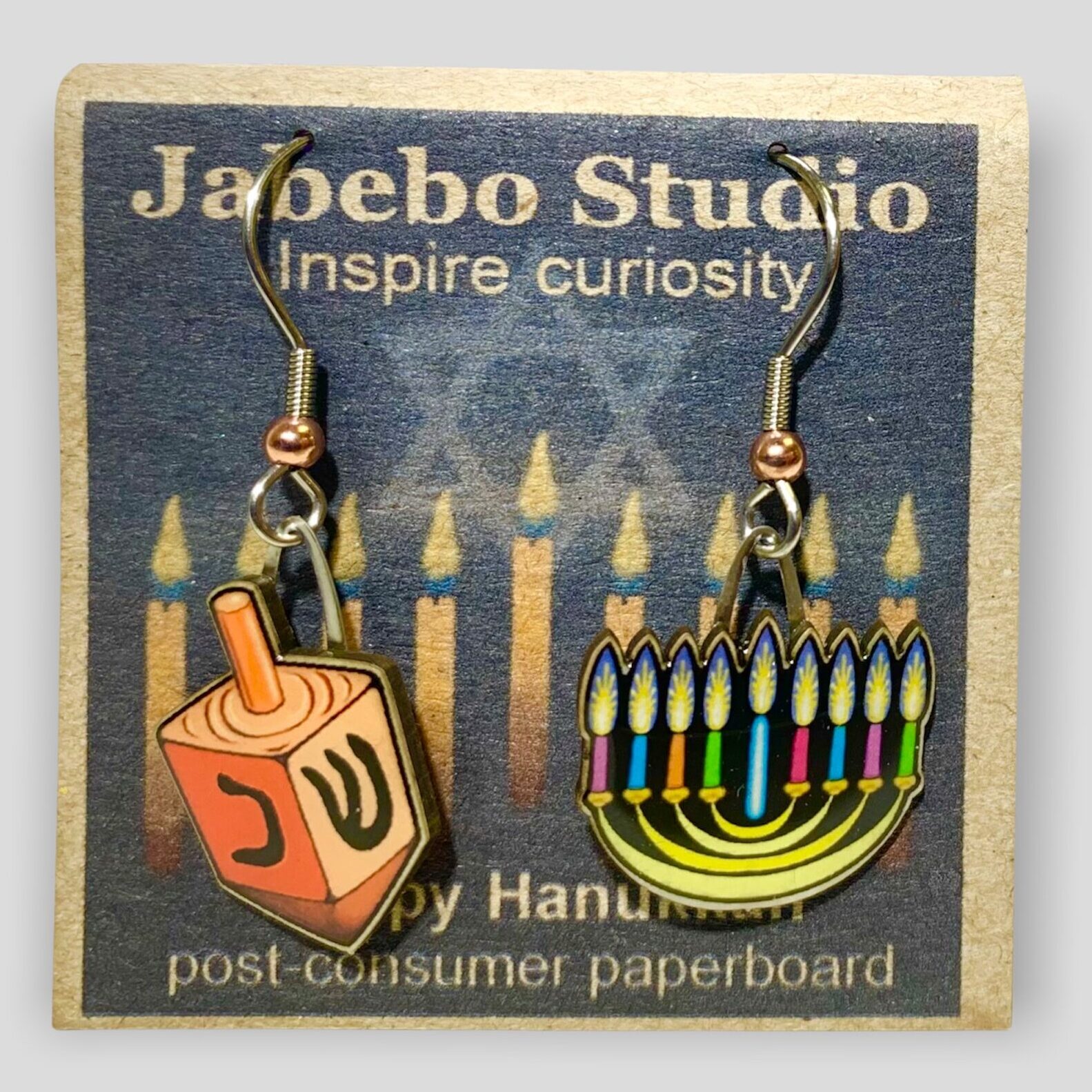 Picture shown is of 1 inch tall pair of earrings of Hanukkah Menorah.