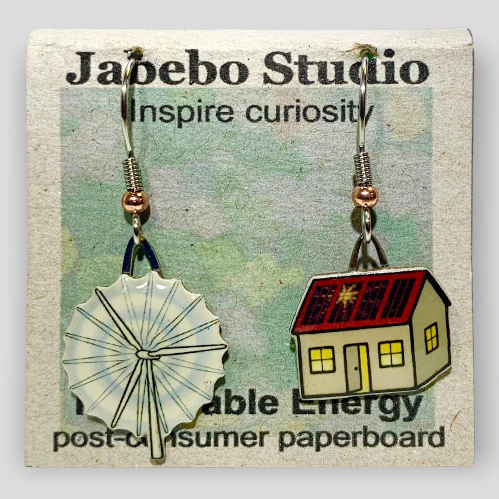 Picture shown is of 1 inch tall pair of earrings of Renewable Energy.