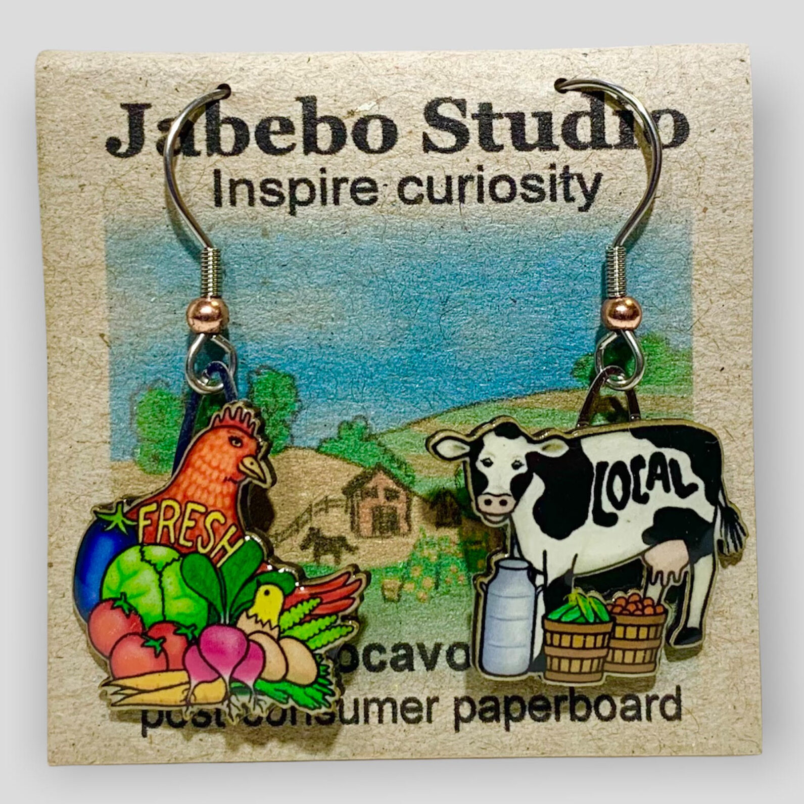 Picture shown is of 1 inch tall pair of earrings of Locavore (Chicken, Produce, & Cows).