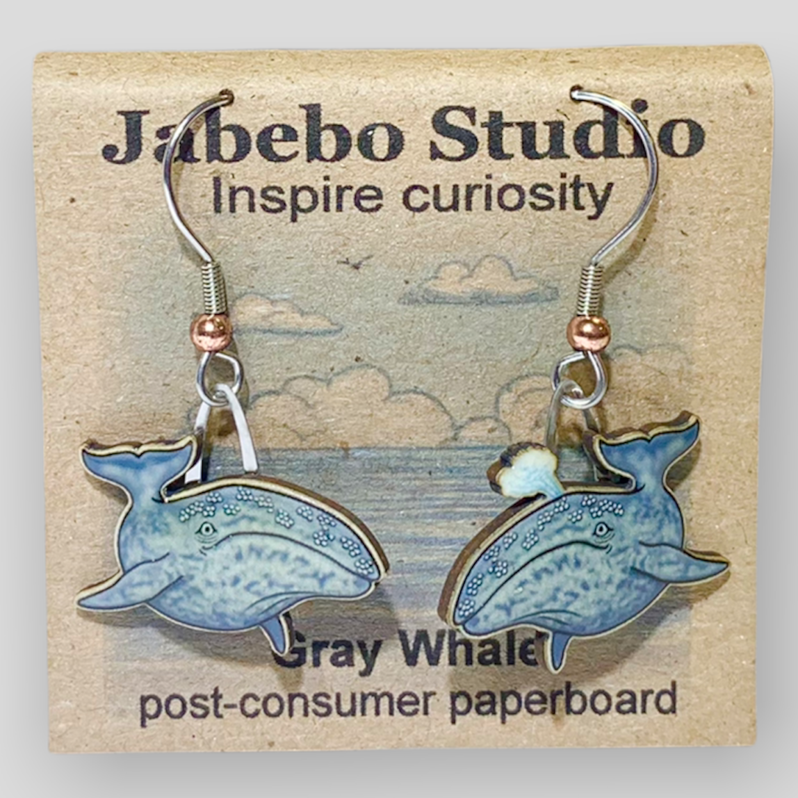Picture shown is of 1 inch tall pair of earrings of the marine animal the Gray Whale.