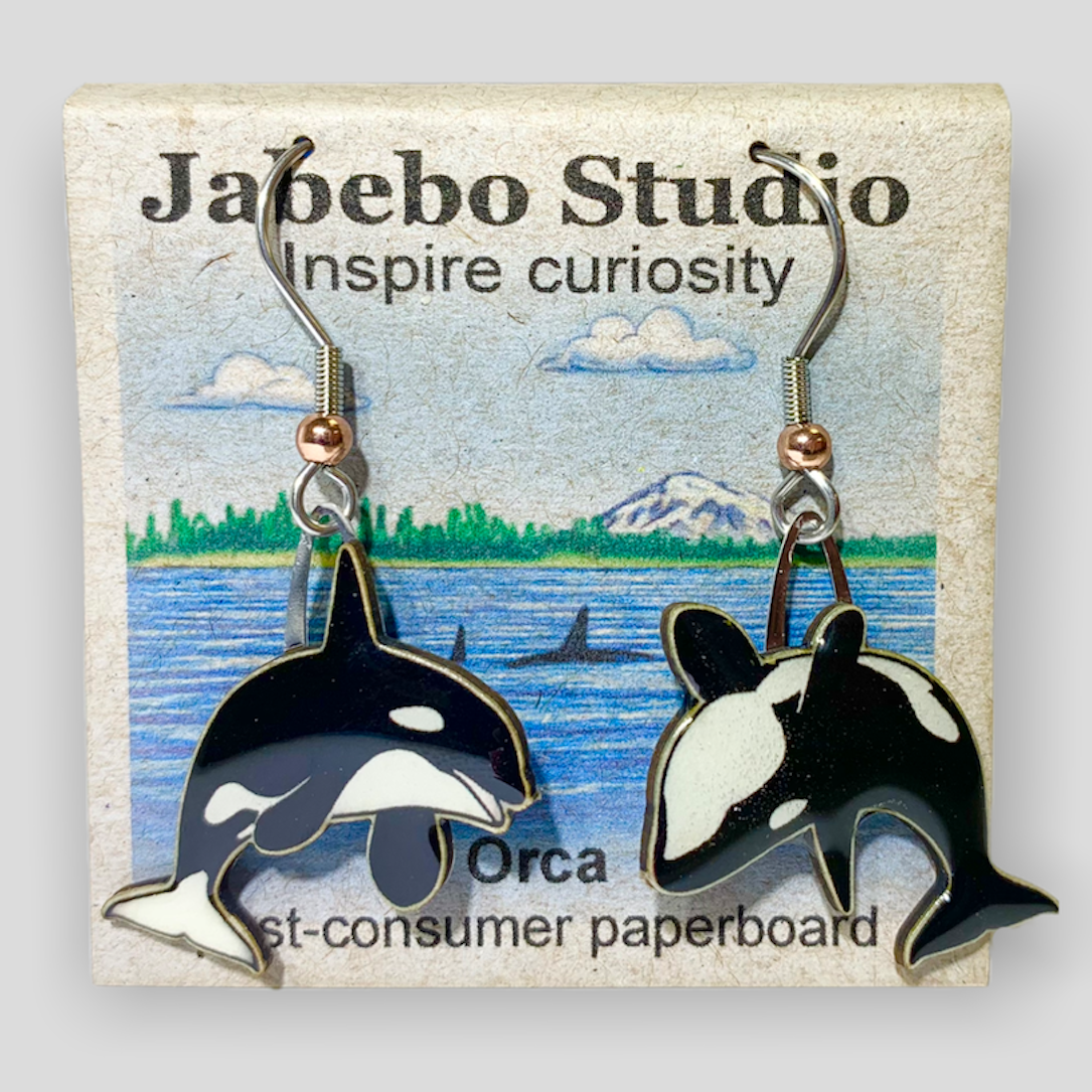 Picture shown is of 1 inch tall pair of earrings of the marine animal the Orca.