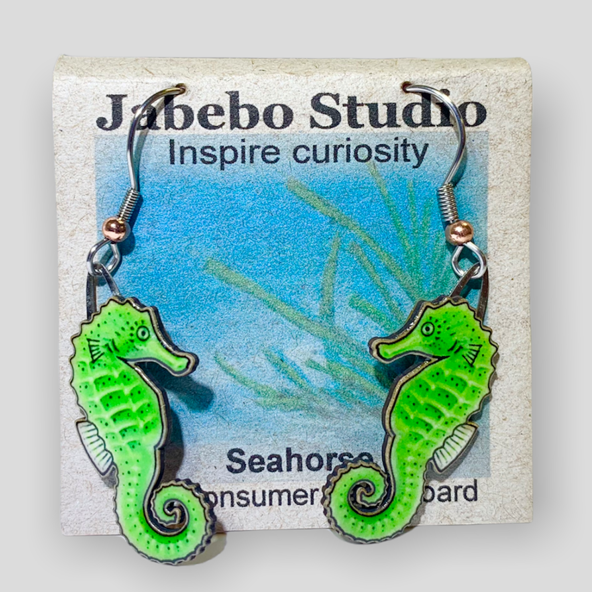 Picture shown is of 1 inch tall pair of earrings of the marine animal the Green Seahorse.