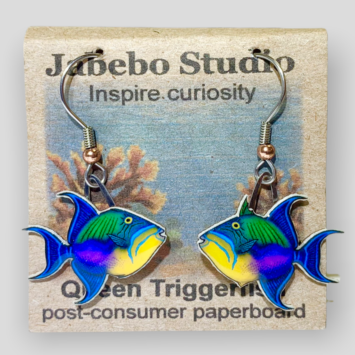 Picture shown is of 1 inch tall pair of earrings of the fish the Queen Triggerfish.