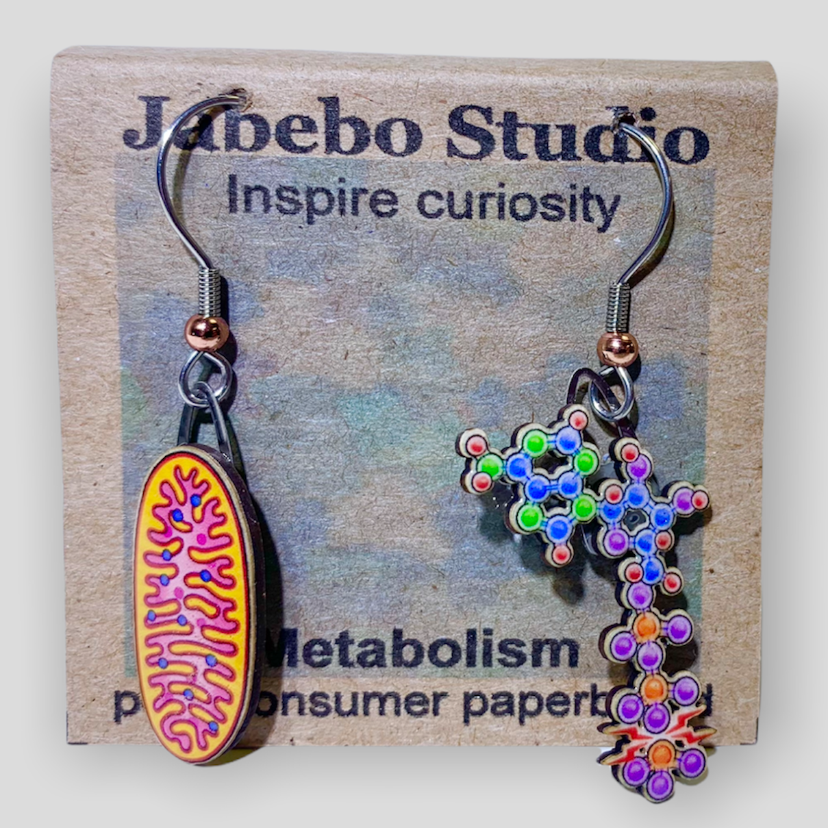 Picture shown is of 1 inch tall pair of earrings of Metabolism.