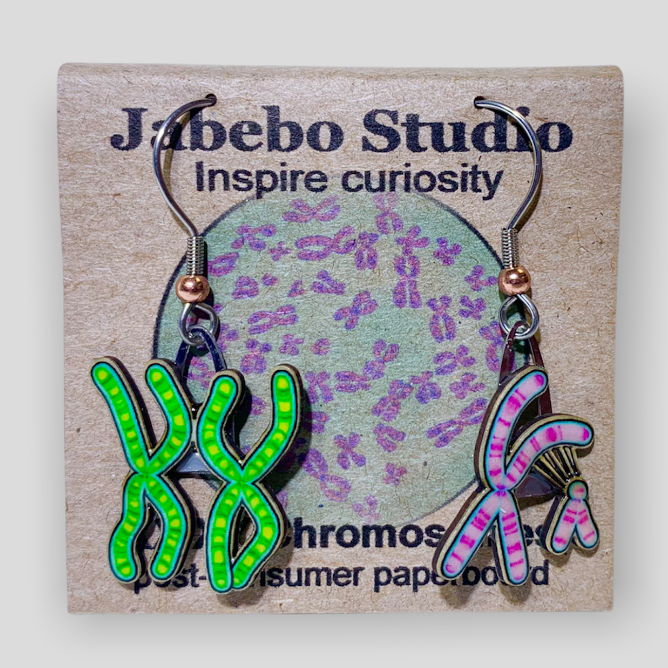 Picture shown is of 1 inch tall pair of earrings of XX and XY Chromosomes.