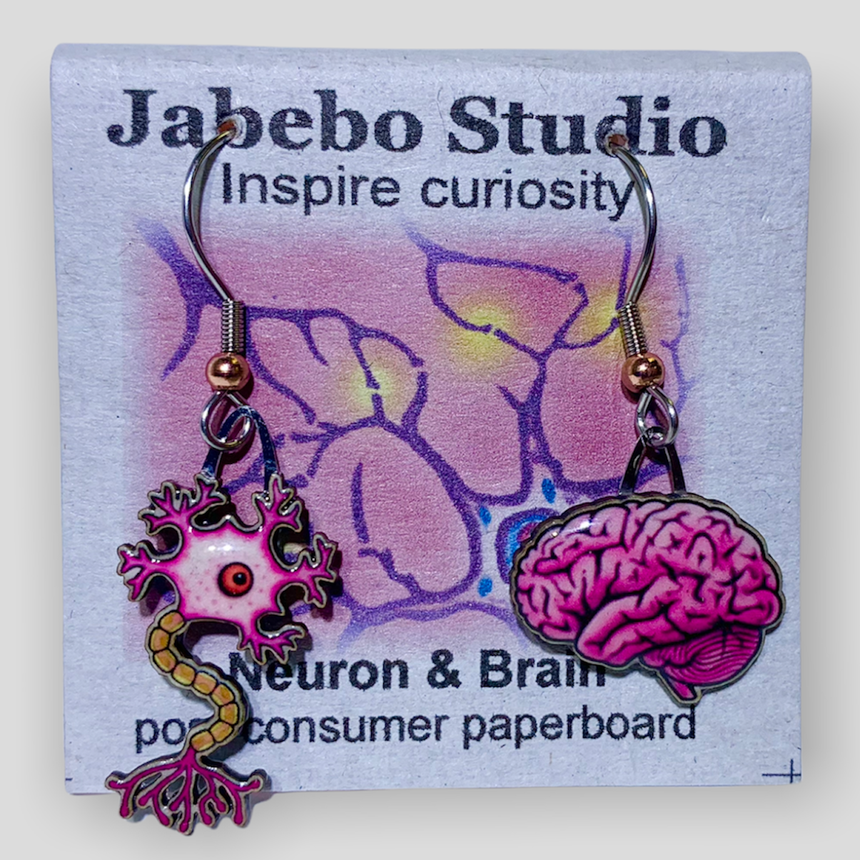 Picture shown is of 1 inch tall pair of earrings of Neuron & Human Brain.