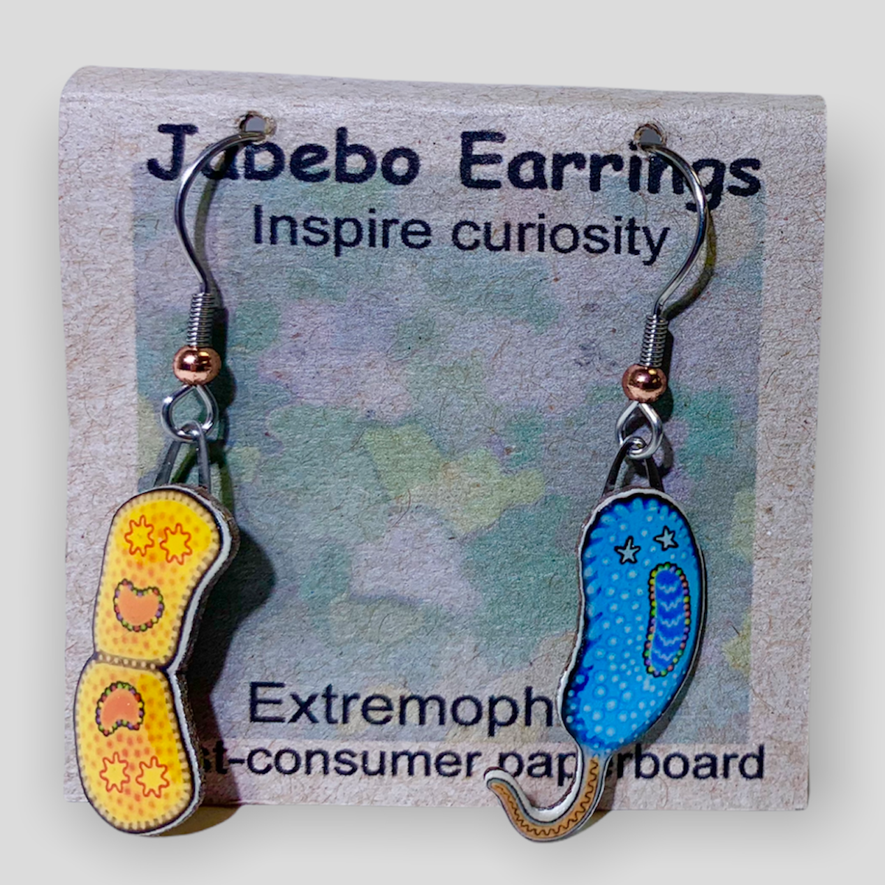 Picture shown is of 1 inch tall pair of earrings of Extremophiles.