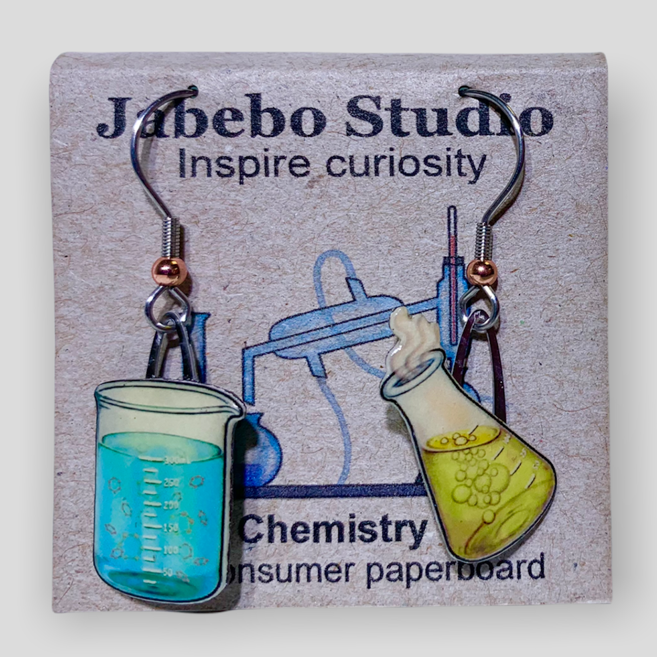 Picture shown is of 1 inch tall pair of earrings of Chemistry Glassware (Blue & Yellow).