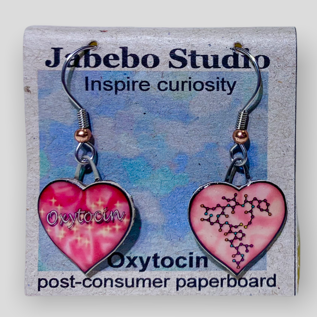 Picture shown is of 1 inch tall pair of earrings of Oxytocin.
