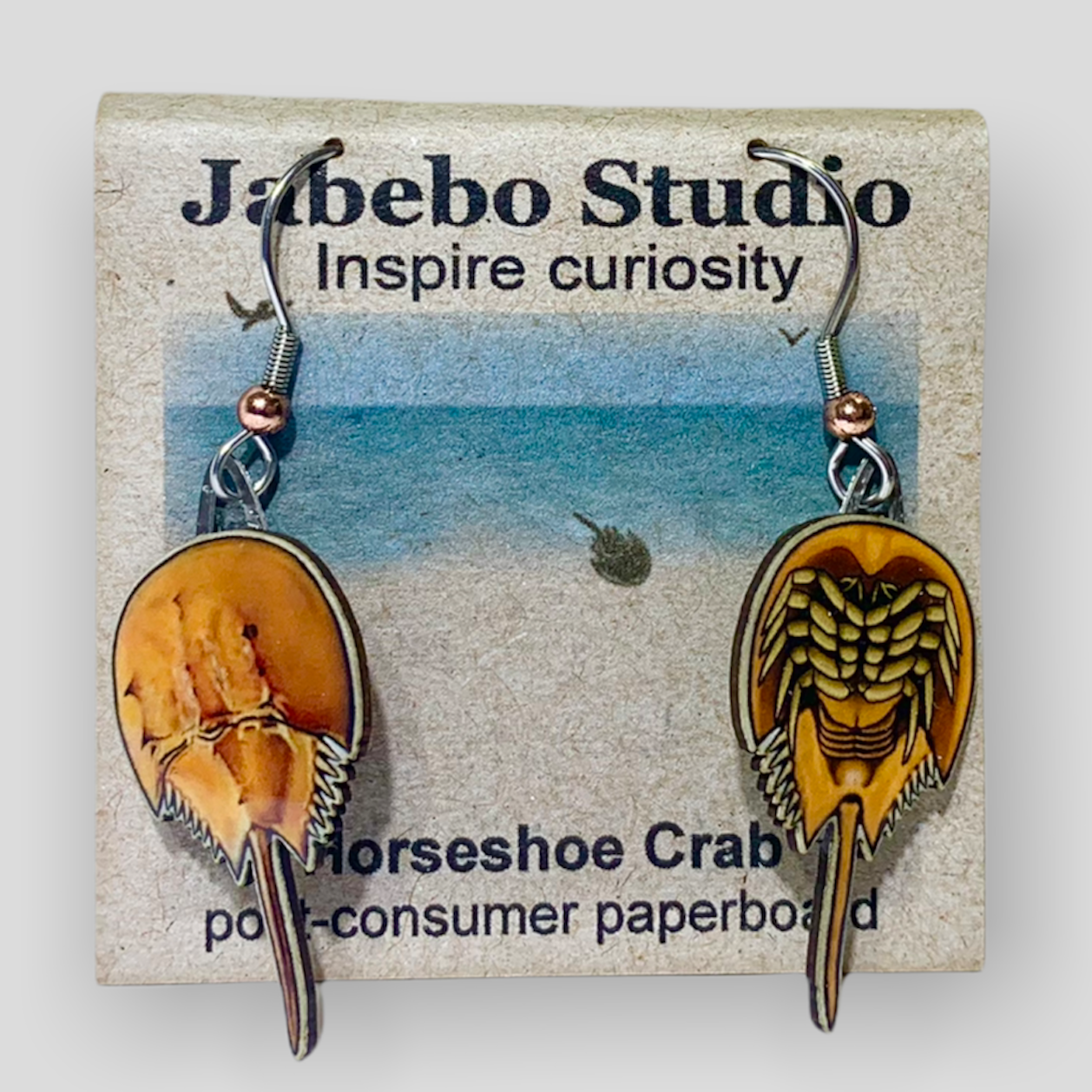 Picture shown is of 1 inch tall pair of earrings of the marine animal the Horseshoe Crab.