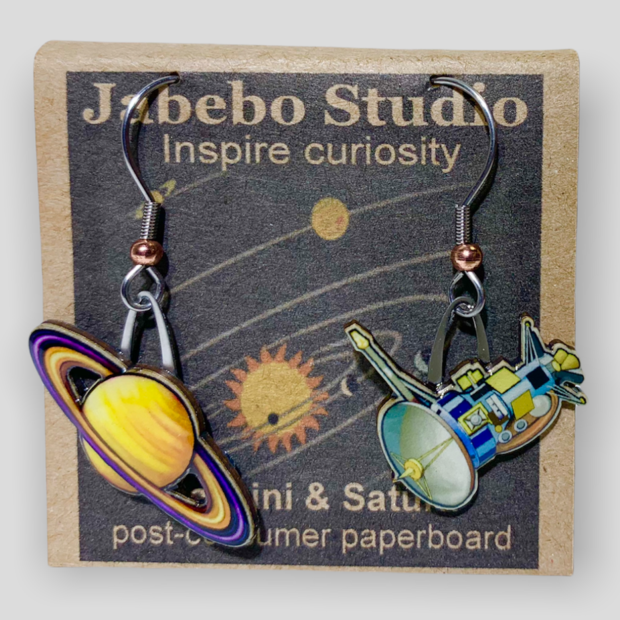 Picture shown is of 1 inch tall pair of earrings of Cassini & Saturn.