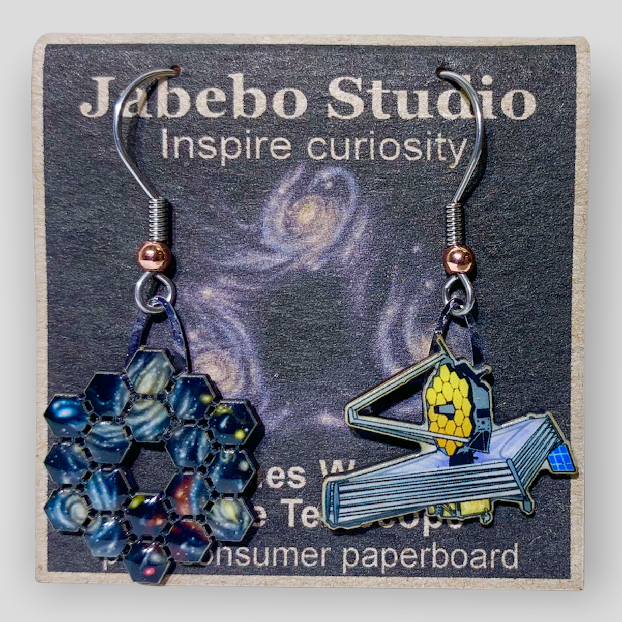 Picture shown is of 1 inch tall pair of earrings of the James Webb Space Telescope.