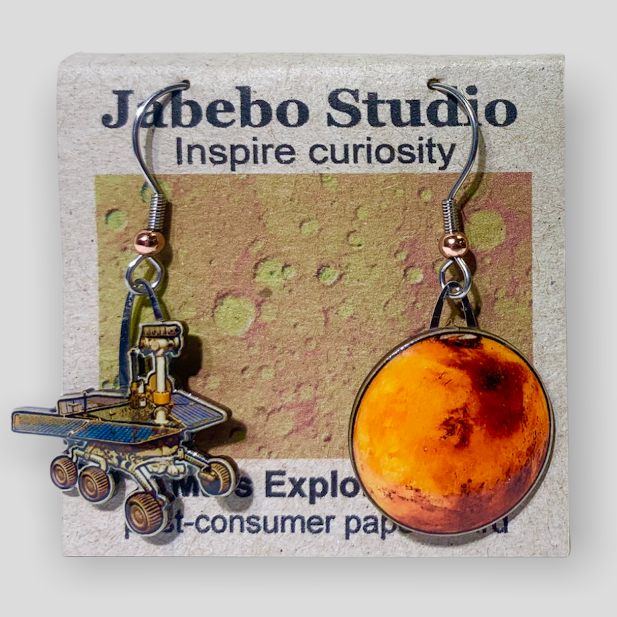 Picture shown is of 1 inch tall pair of earrings of Mars Exploration.