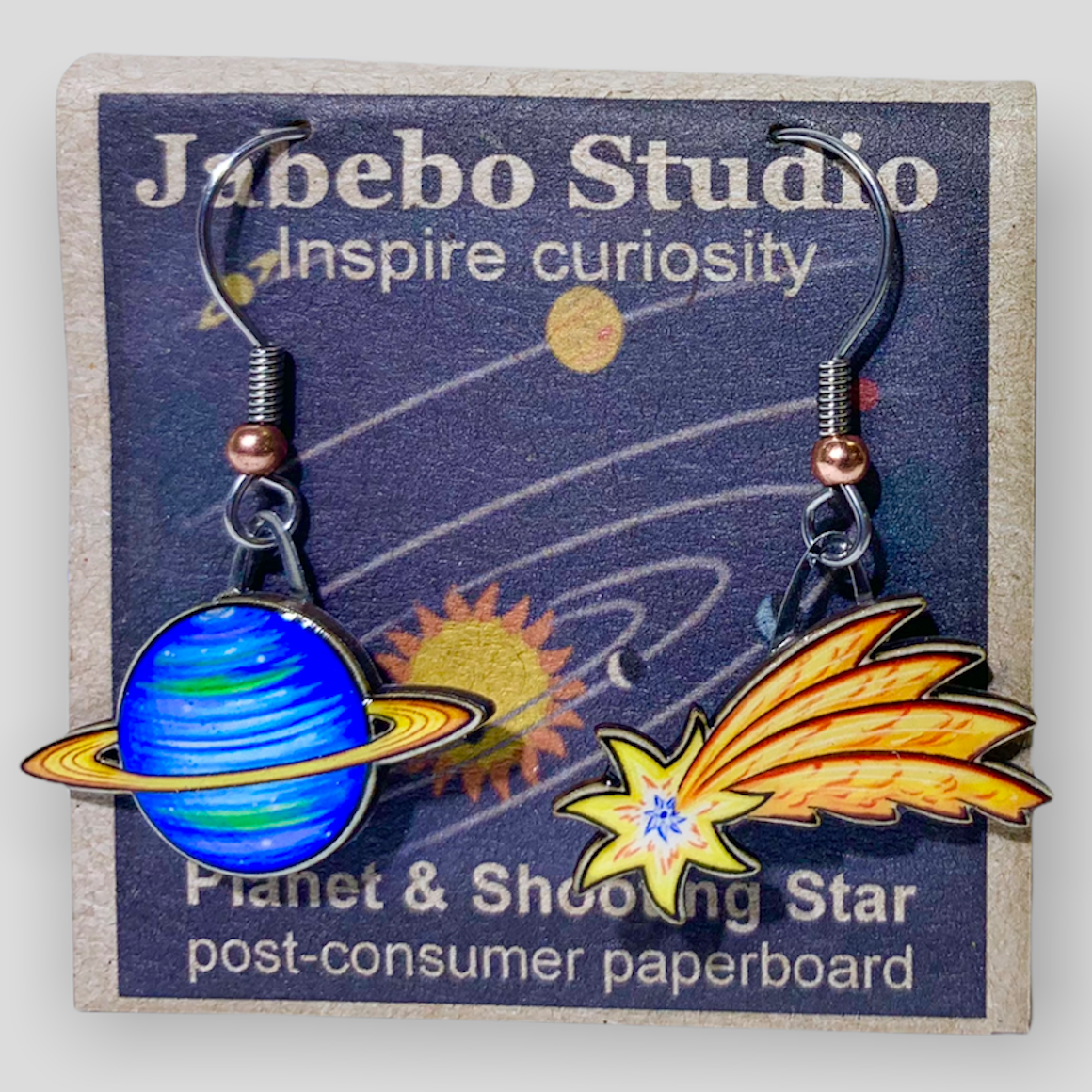 Picture shown is of 1 inch tall pair of earrings of a Planet & Star.