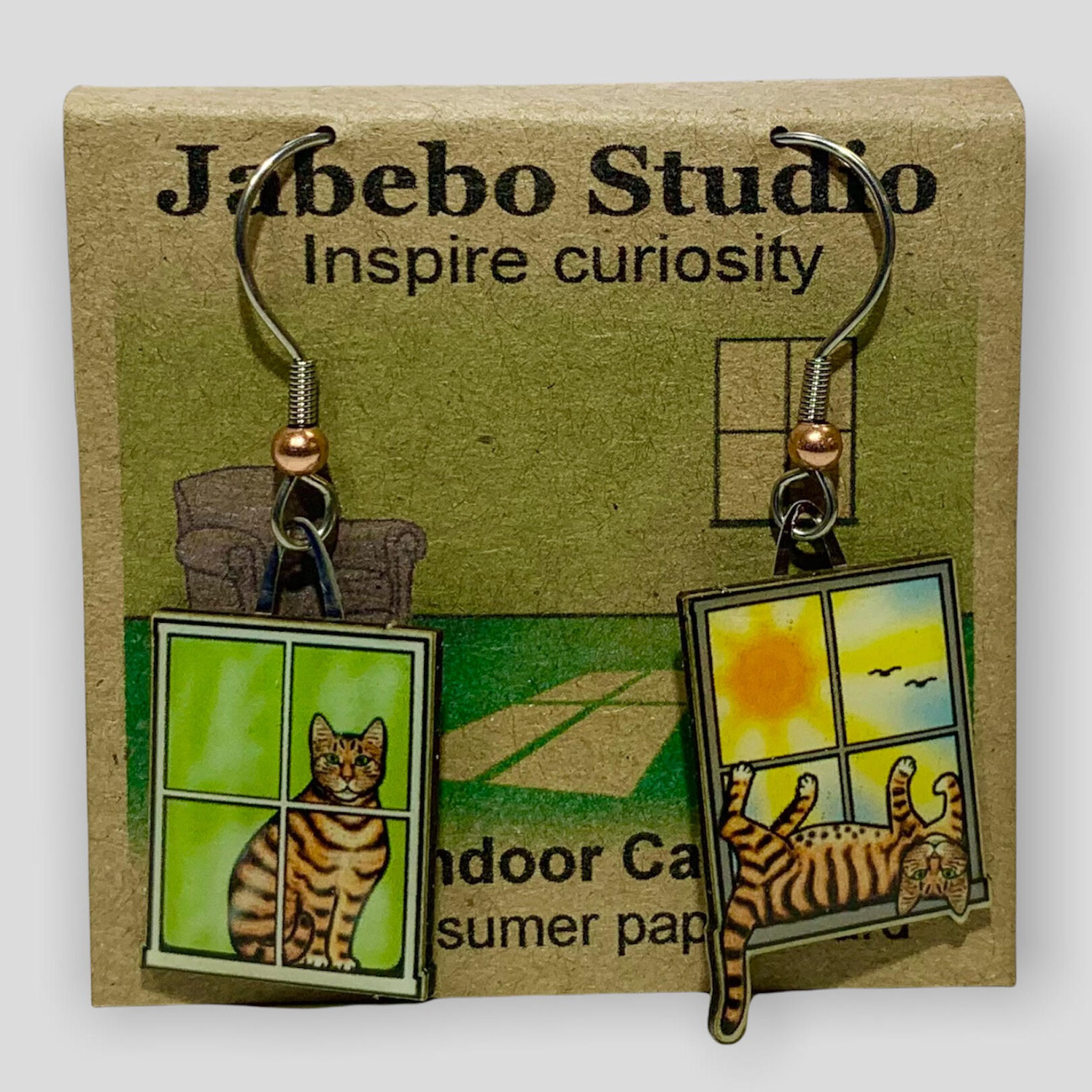 Picture shown is of 1 inch tall pair of earrings of the pet the Indoor Cat sitting on a window.