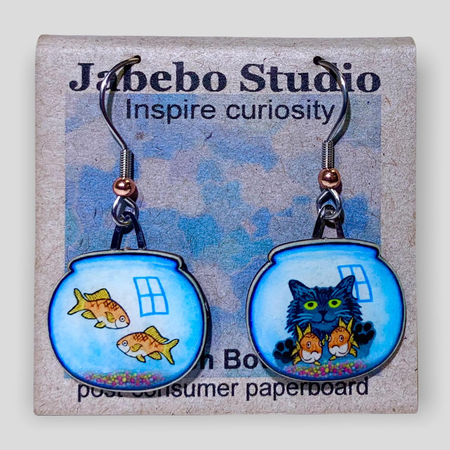 Picture shown is of 1 inch tall pair of earrings of a Fishbowl and Kitty.