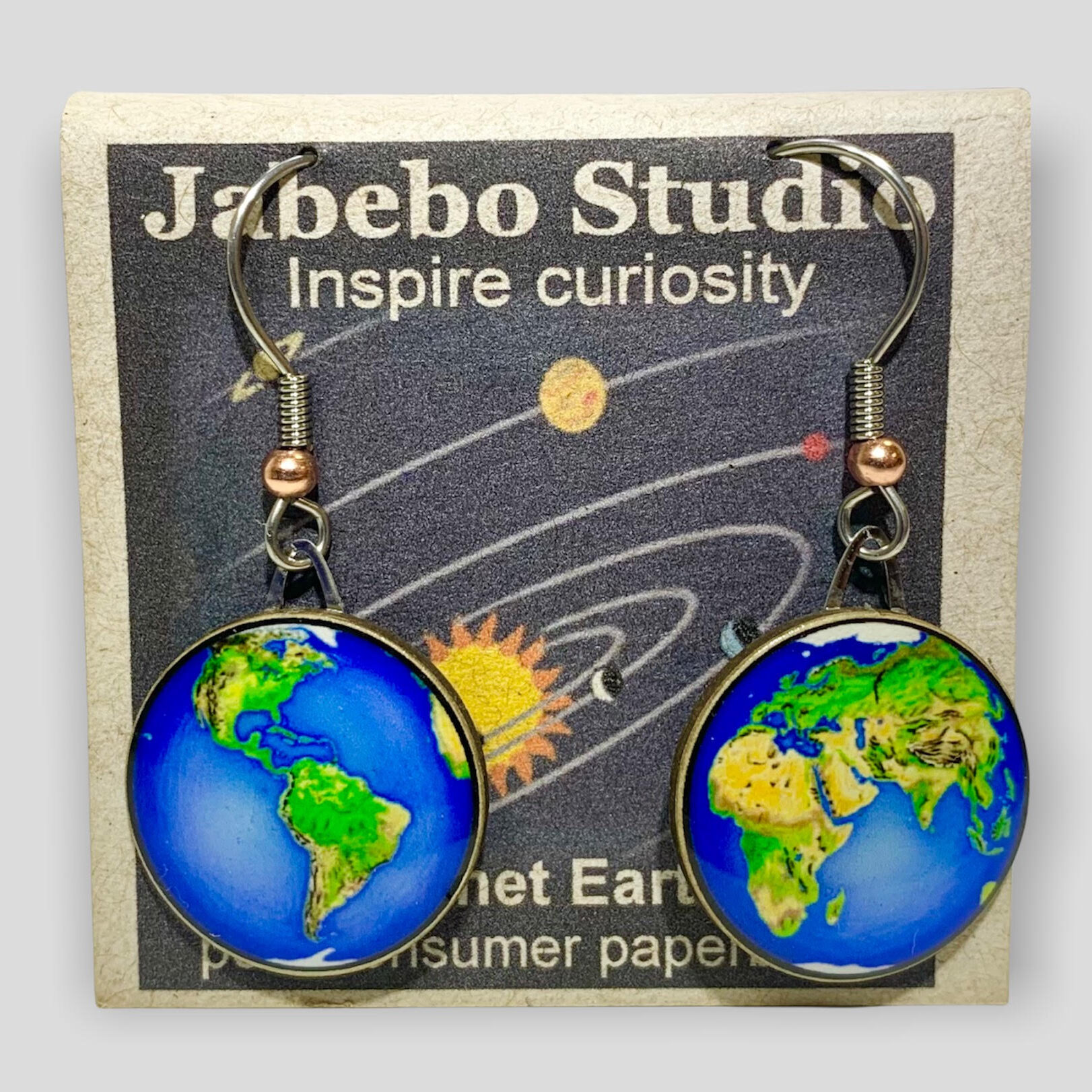 Picture shown is of 1 inch tall pair of earrings of Planet Earth.