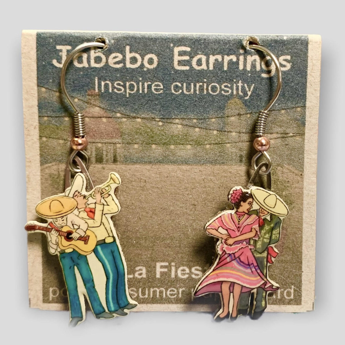 Picture shown is of 1 inch tall pair of earrings of La Fiesta.