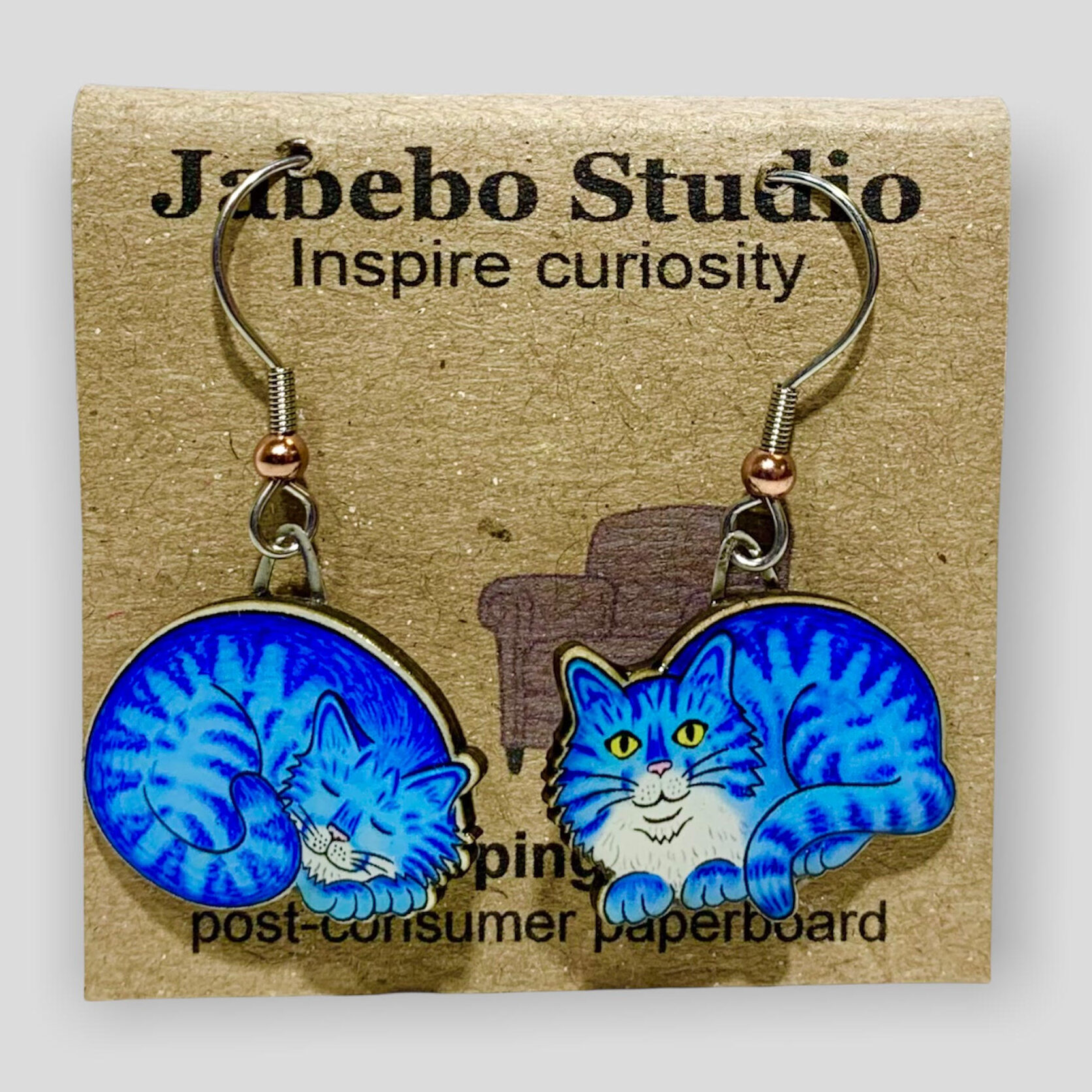 Picture shown is of 1 inch tall pair of earrings of the pet the Blue Napping Cat.
