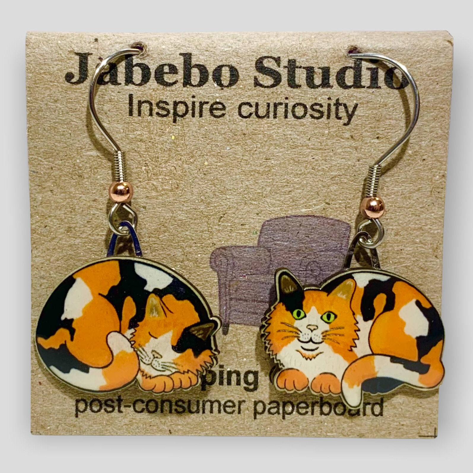 Picture shown is of 1 inch tall pair of earrings of the pet the Calico Napping Cat.