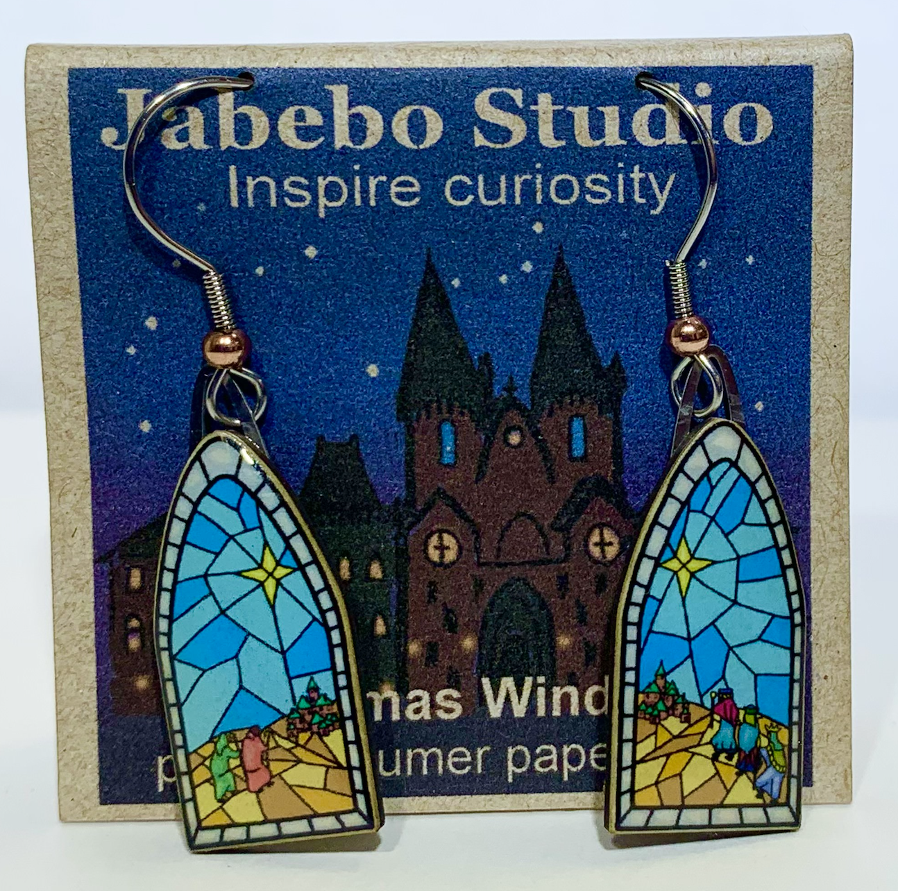 Picture shown is of 1 inch tall pair of earrings of Christmas Windows.