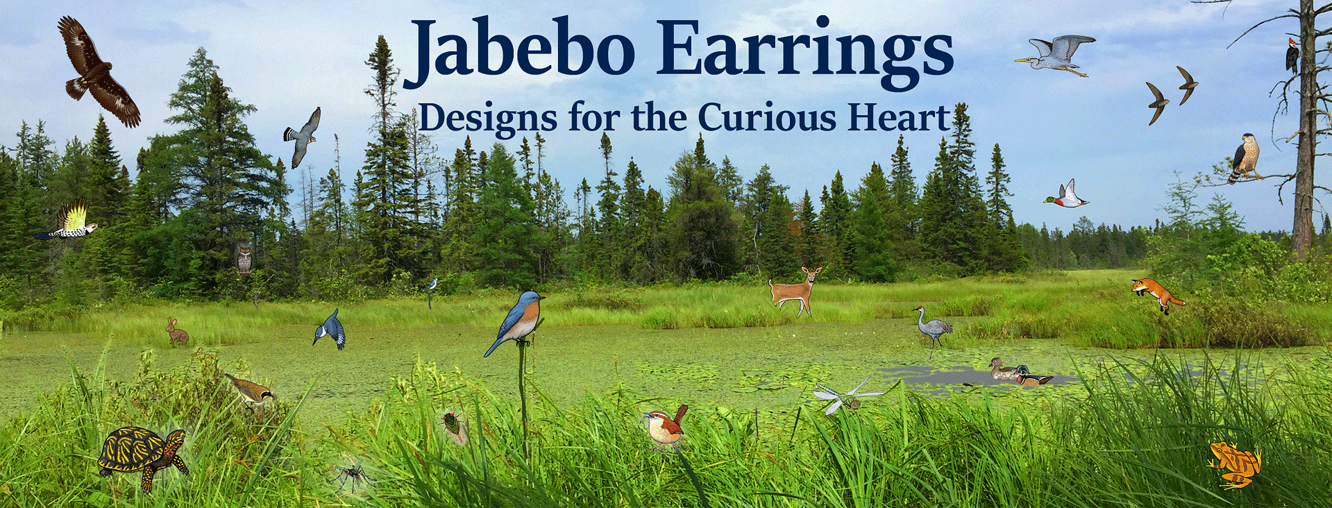 An open field of green grass in the foreground and tall green trees in the background. Blue sky at the top of the image. Jabebo Earrings Designs for the Curious Heart is the title at the top of the image. Various images of earrings sold at the store are featured throughout the image.