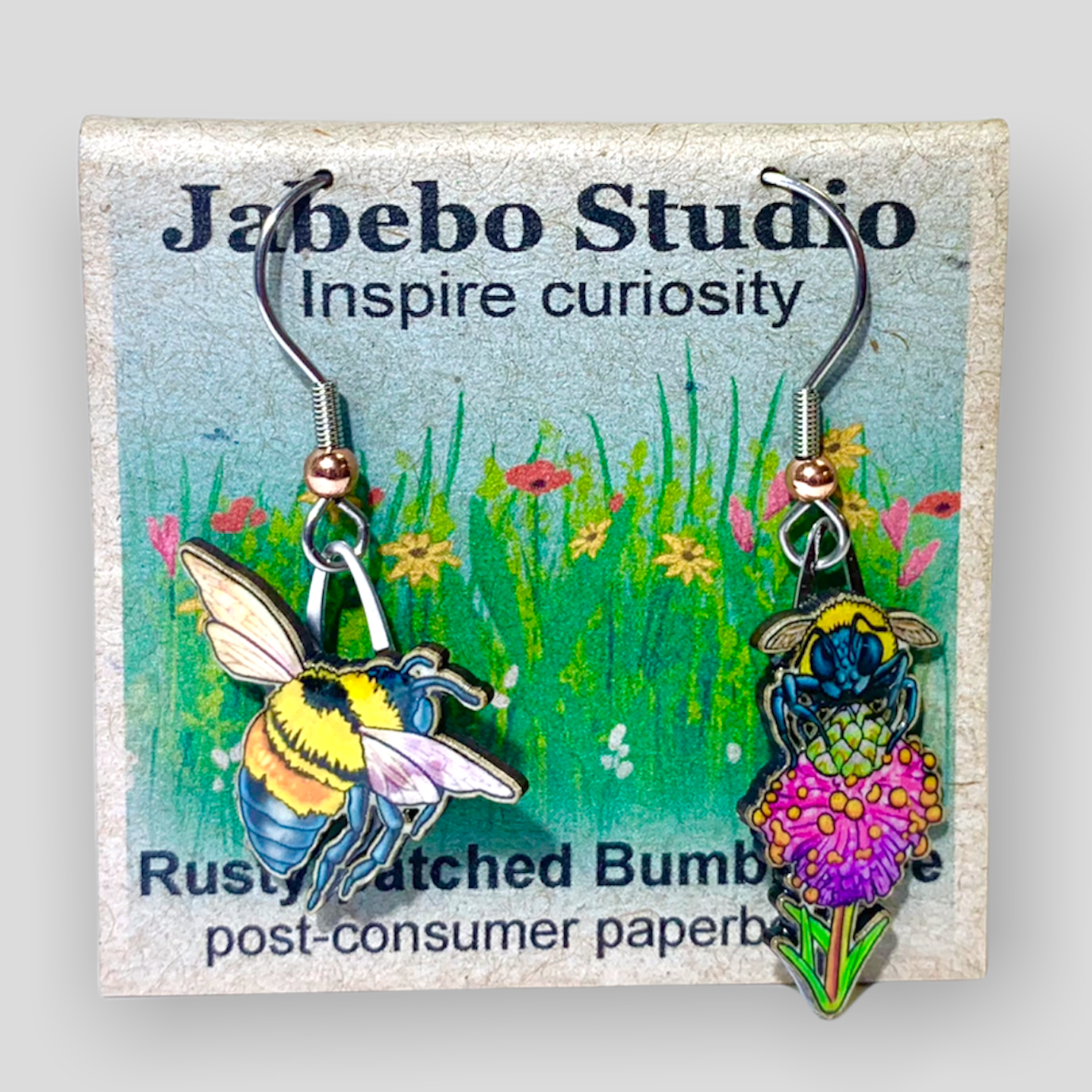 Picture shown is of 1 inch tall pair of earrings of the bug the Rusty-Patched Bumble Bee.