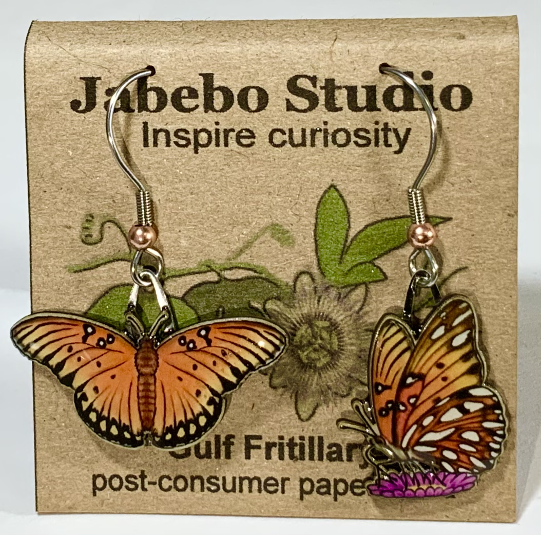 Picture shown is of 1 inch tall pair of earrings of the bug the Gulf Fritillary Butterfly.