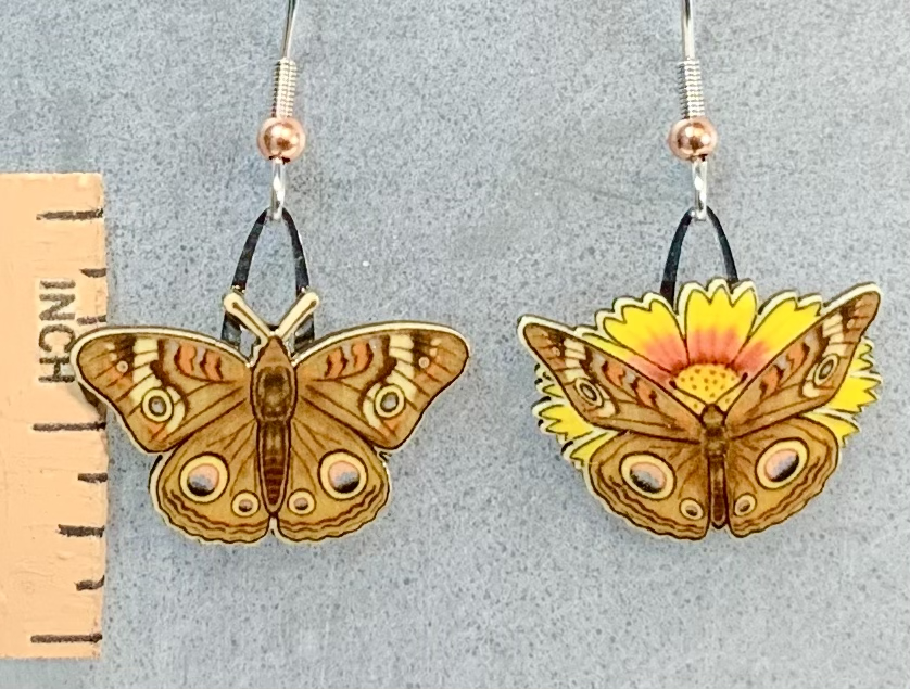 Picture shown is of 1 inch tall pair of earrings of the bug the Common Buckeye Butterfly.